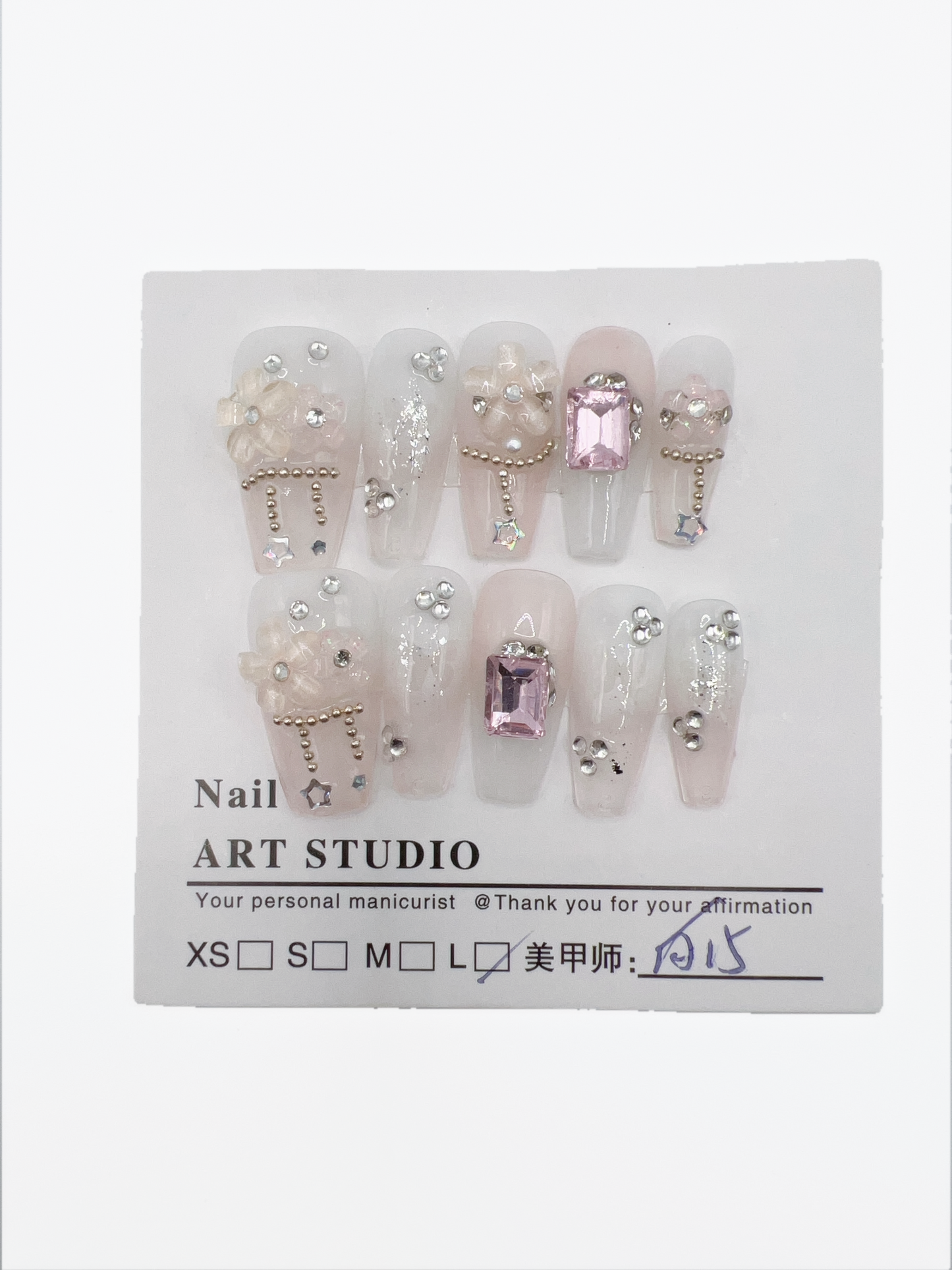 Medium Length Coffin Press On Nails with Rhinestone Gems – Large Size