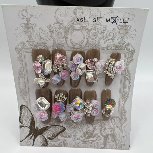 Long Coffin Press On Nails with Heavy Rhinestone & 2D Flower Charms – 8 Designs, Medium Size