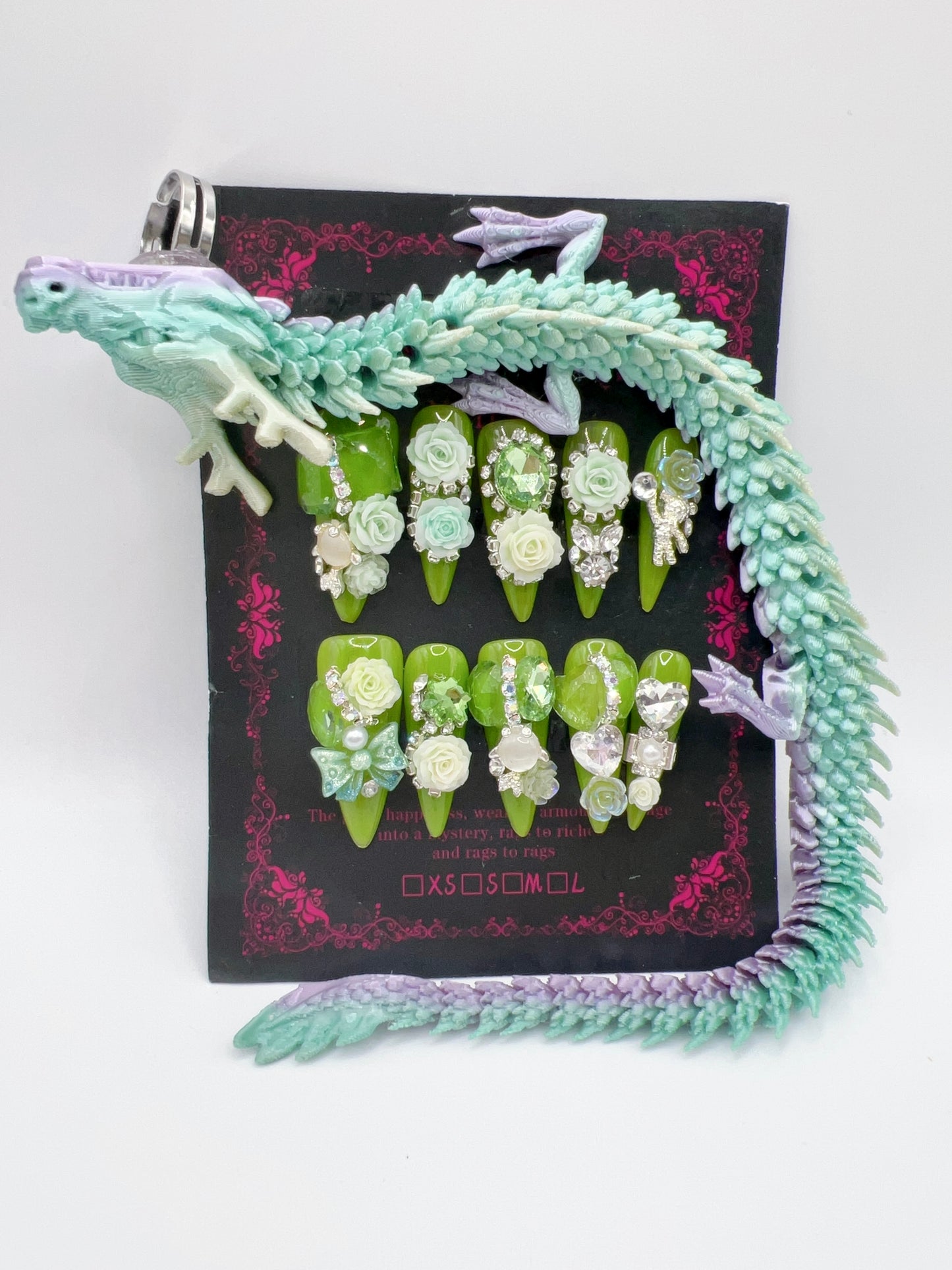 Luxury Rhinestone Press-On Nails with 3D Flower Charms & Dragon Rings – Long Stiletto, Large Size, Reusable