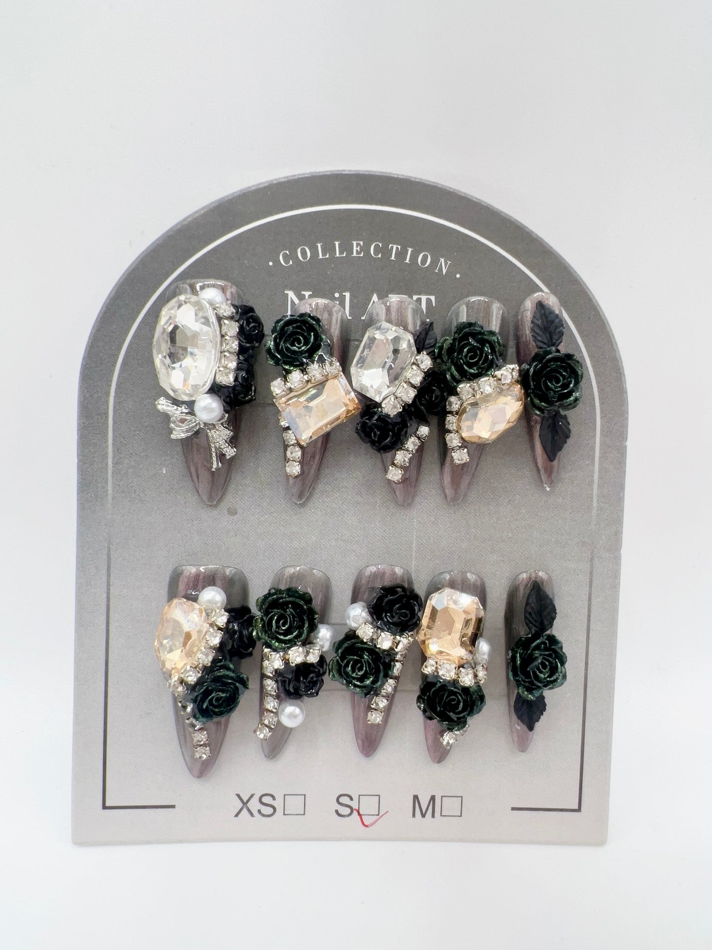 Luxury Rhinestone Press-On Nails with 3D Flower Charms – Long Stiletto, Small Size, Reusable