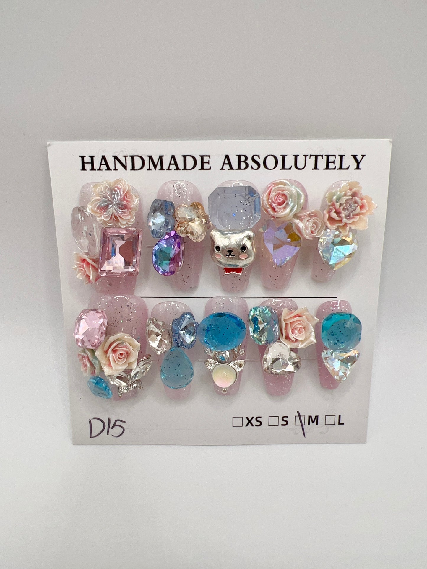 Glitter Medium Coffin Press On Nails with Rhinestone and 2D Flower Charms – Medium Size