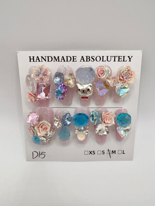 Glitter Medium Coffin Press On Nails with Rhinestone and 2D Flower Charms – Medium Size