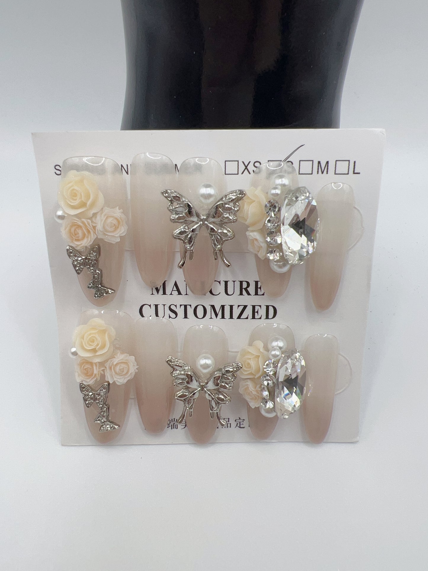 Long Oval Press On Nails with Rhinestone Charms – Glam Fake Nails, Medium Size, 10 Designs
