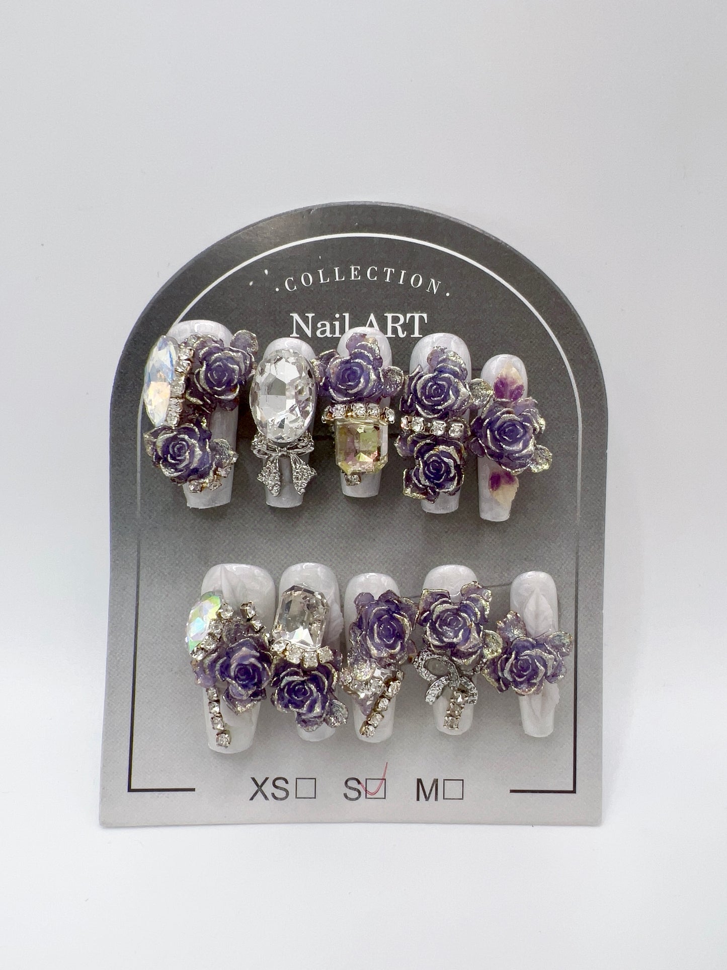 Luxury Rhinestone Press-On Nails with 3D Flower Charms – Long Coffin Shape, Small Size, Reusable