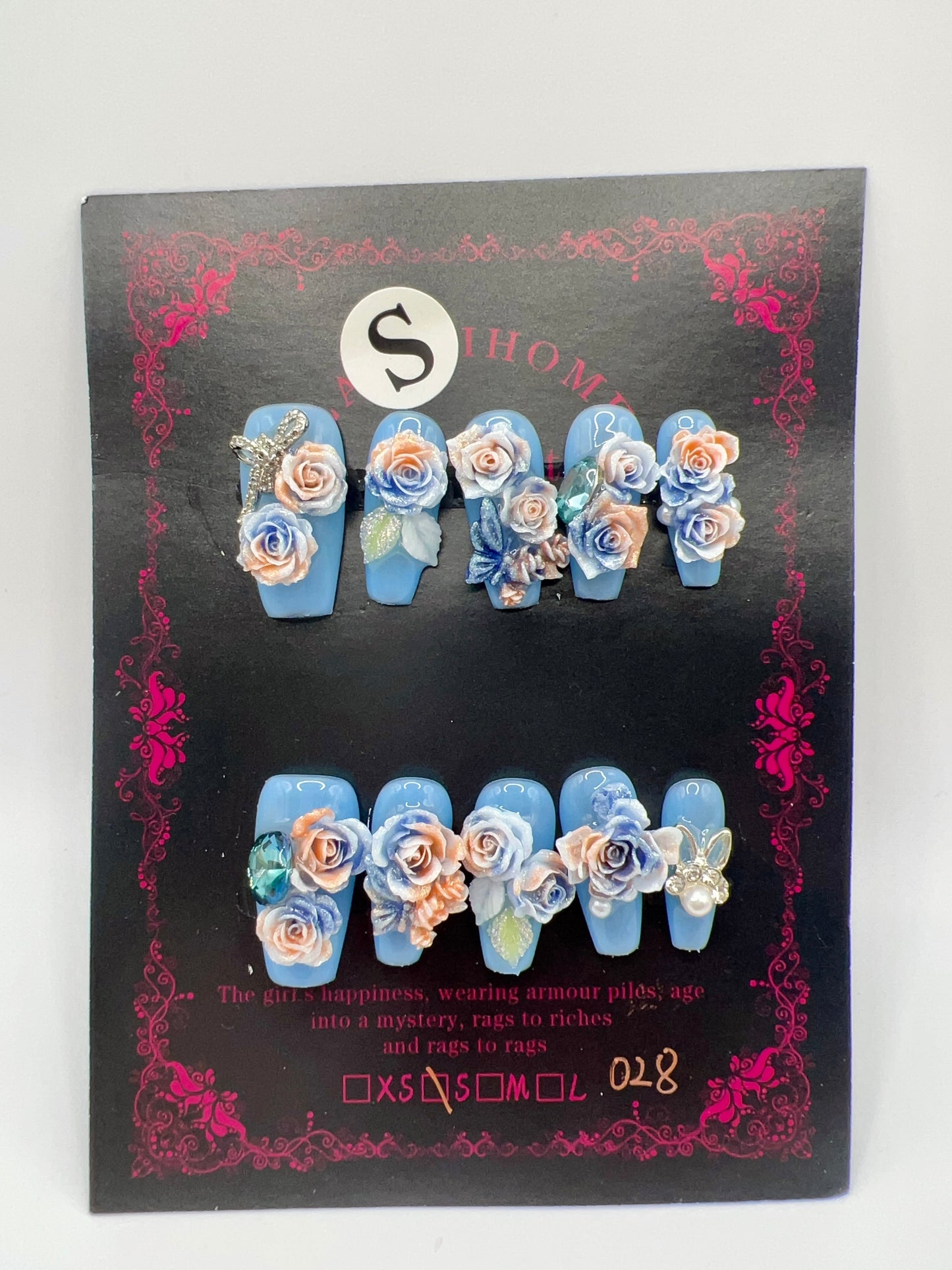 Medium Coffin Press On Nails with Rhinestone & 2D Flowers – Small Size