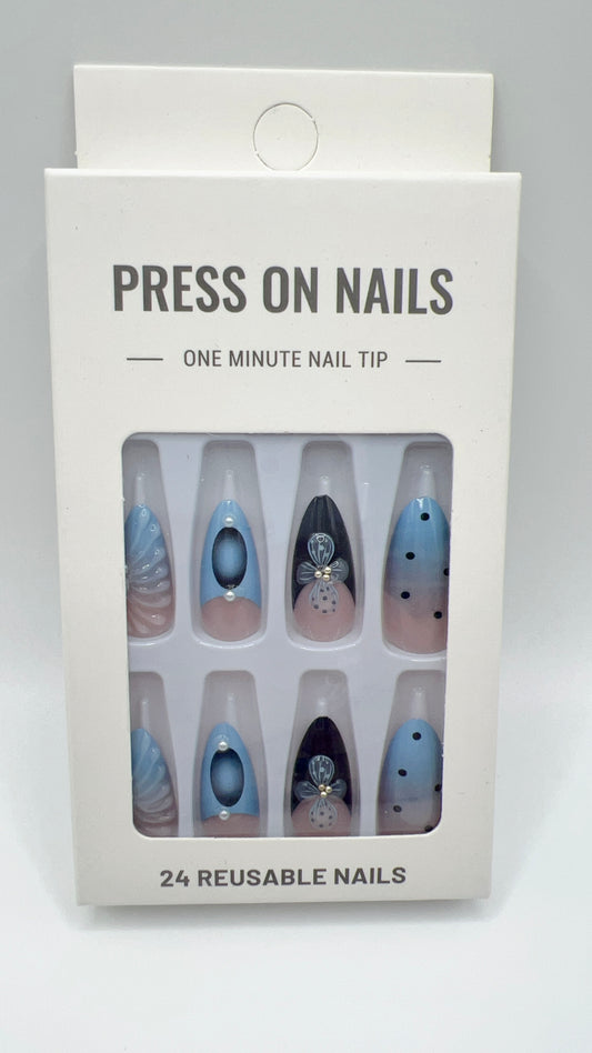 24pcs Almond Press On Nails Blue Gradient French Tip with Flower Fit All Sizes