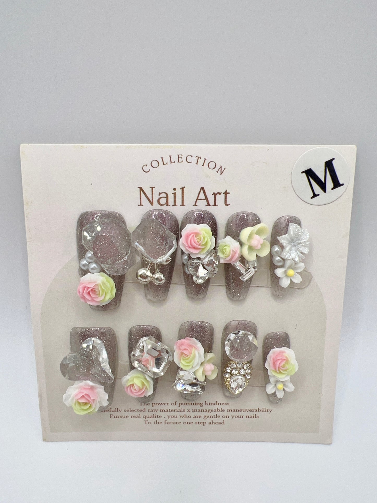 Glitter Medium Coffin Press On Nails with Rhinestone and 2D Flower Charms
