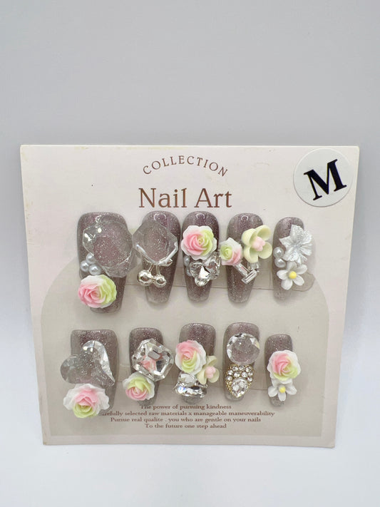 Glitter Medium Coffin Press On Nails with Rhinestone and 2D Flower Charms