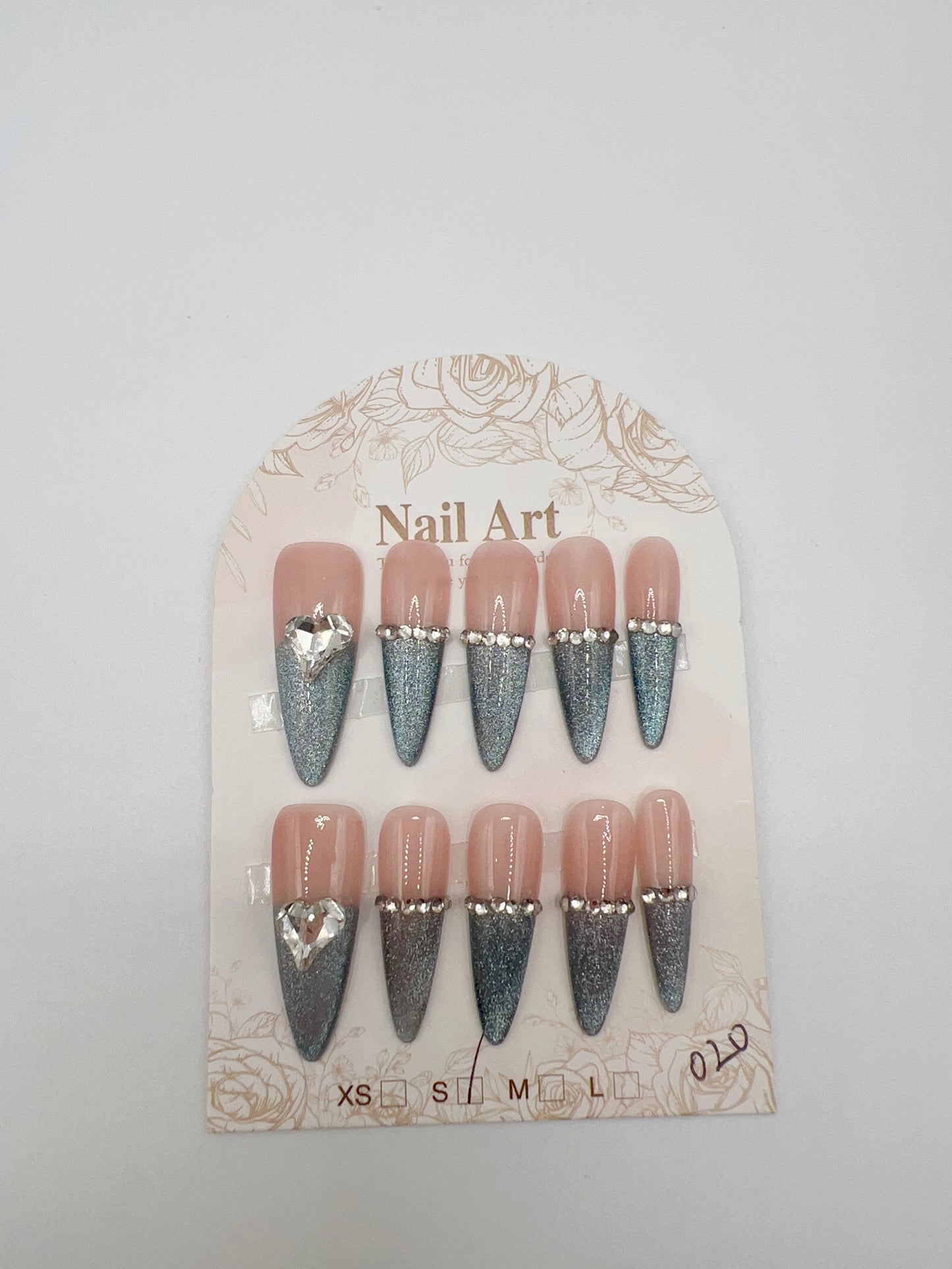Long Stiletto Press On Nails with Rhinestone Shimmer French Tip – Small Size