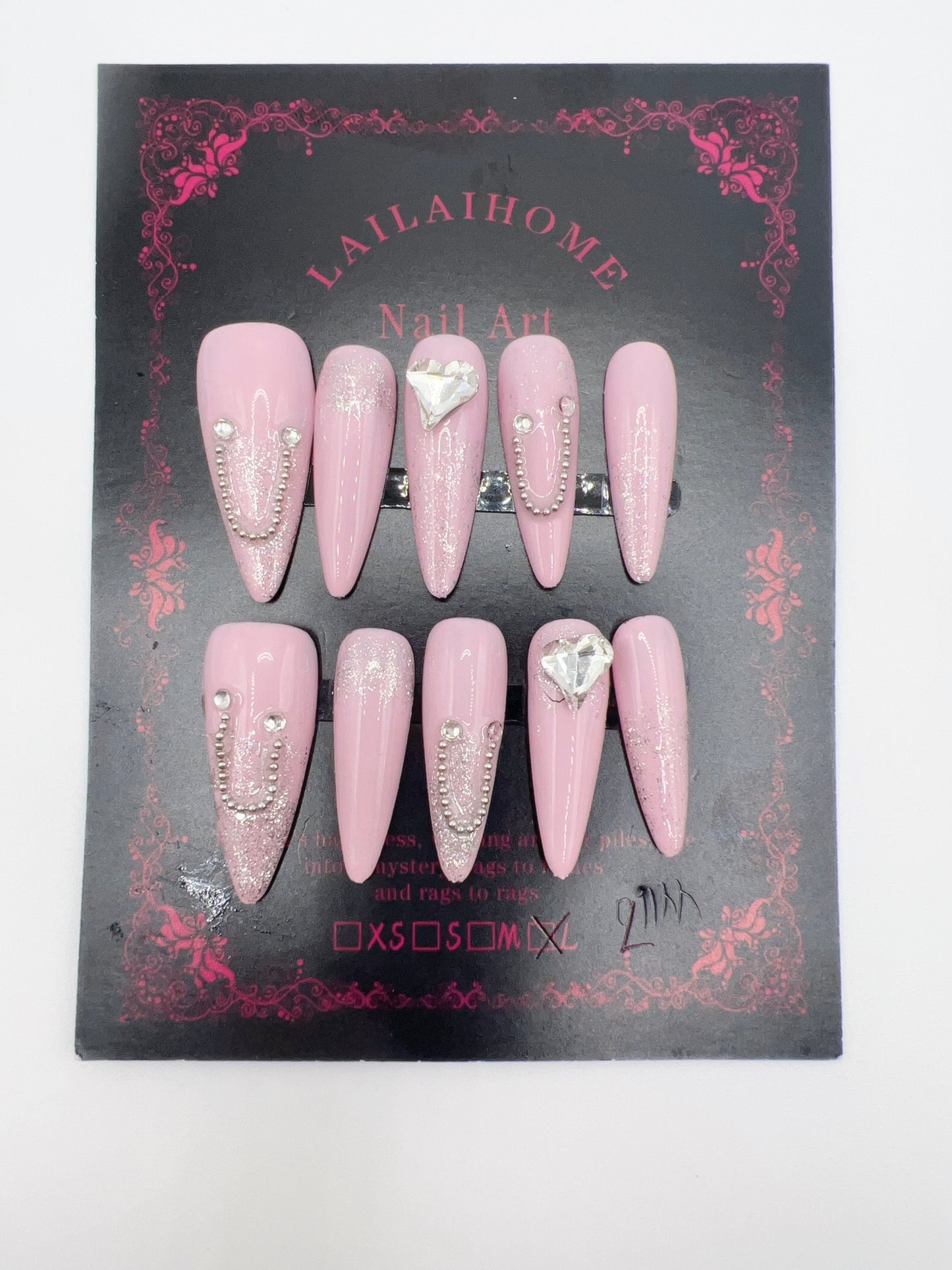 Long Stiletto Press-On Nails with Rhinestone Charms – Large Size