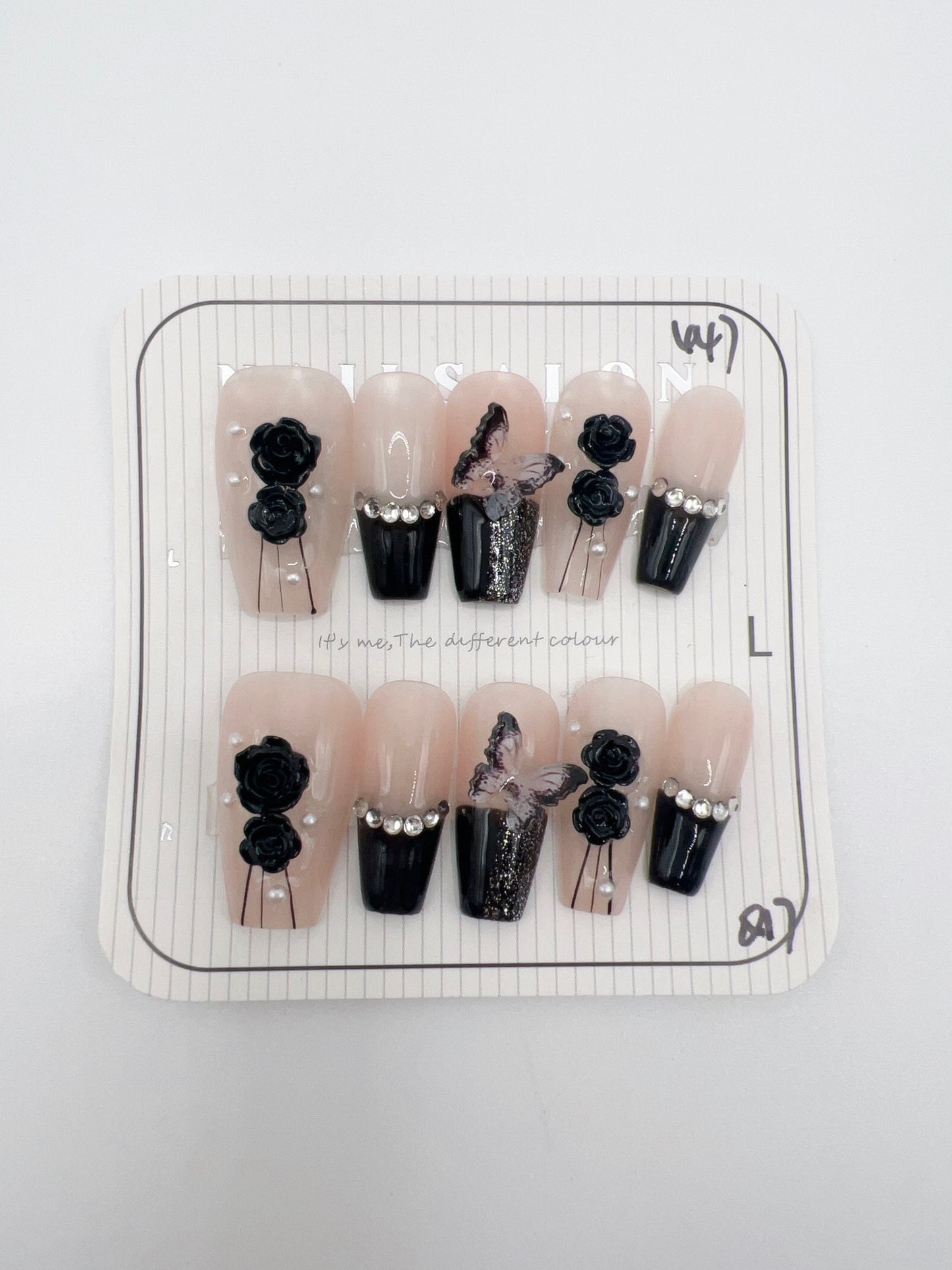 Medium Coffin Press On Nails with Rhinestone and 2D Flower