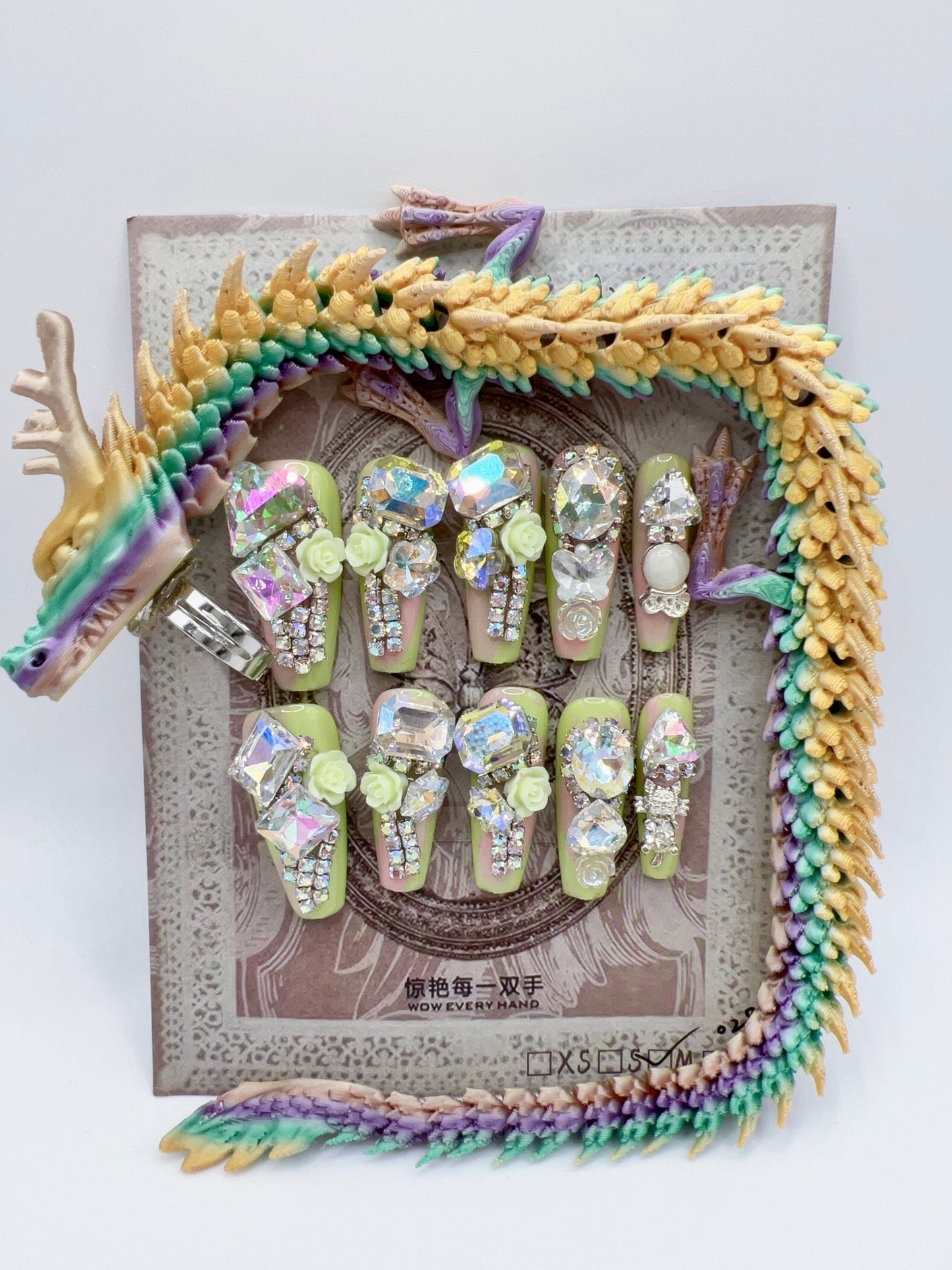 Luxury Rhinestone Press-On Nails with 3D Flower Charms & Dragon Rings – Long Coffin, Medium Size, Reusable