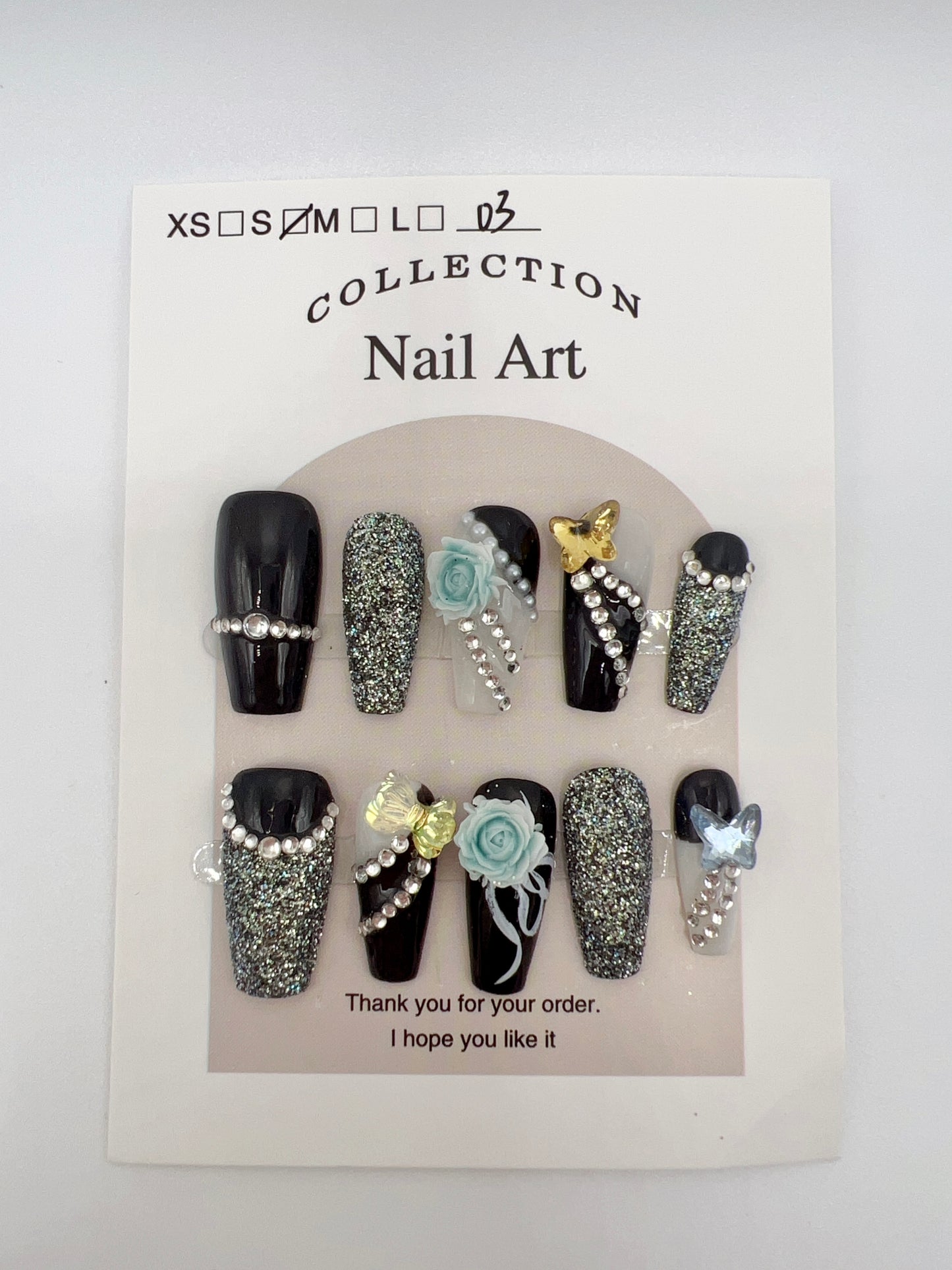 Medium Coffin Press-On Nails with Rhinestones & Glitter – Small Size