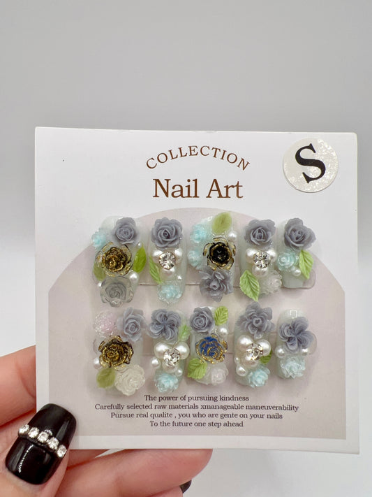 Short Coffin Press On Nails with 2D Flowers and Pearl – Small Size