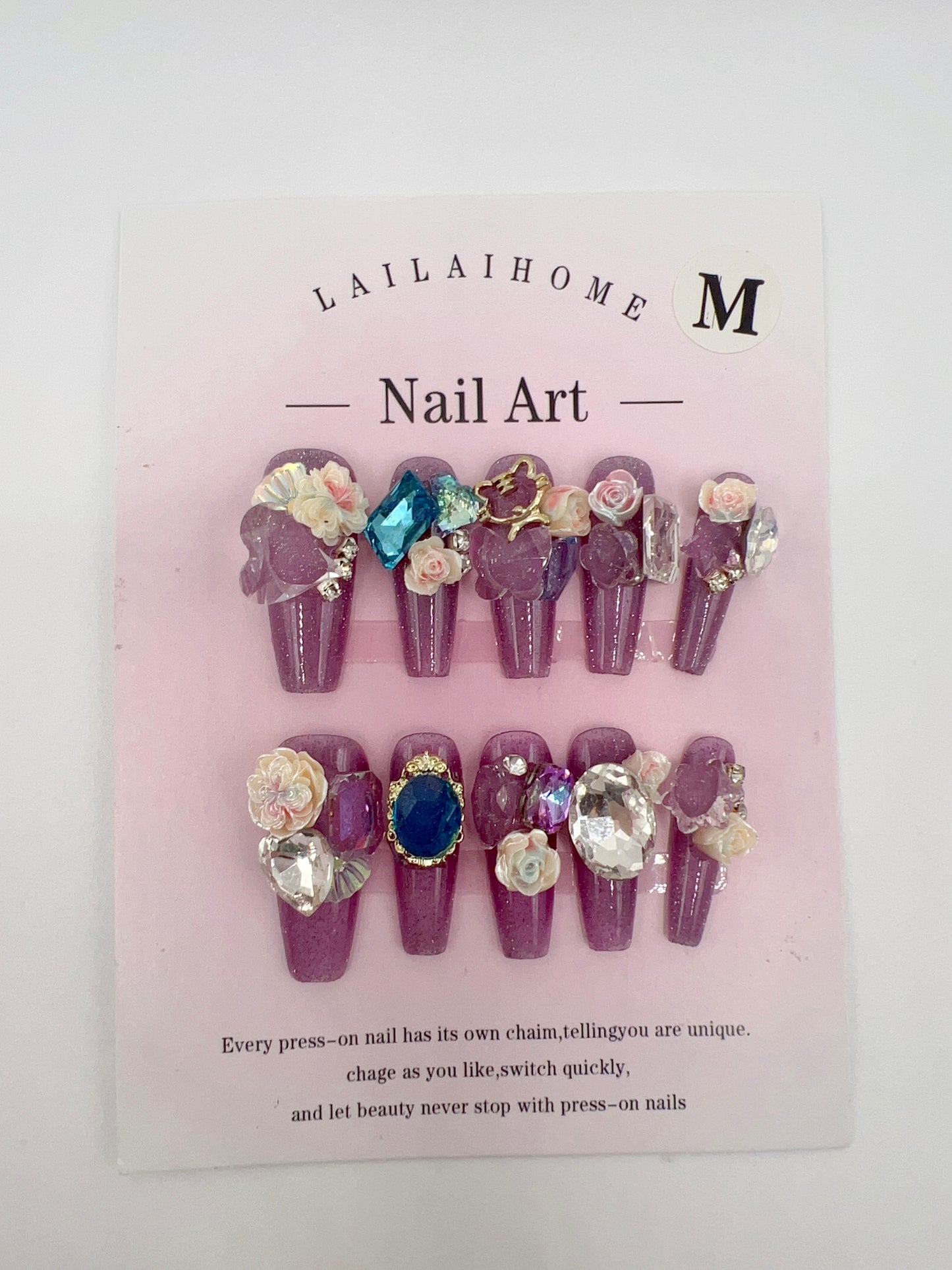 Long Coffin Press-On Nails with Rhinestone and 2D Flowers – Medium Size