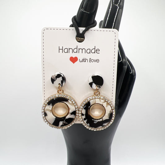 Black & White Tie-Dye Rhinestone Hoop Earrings | Trendy & Glamorous