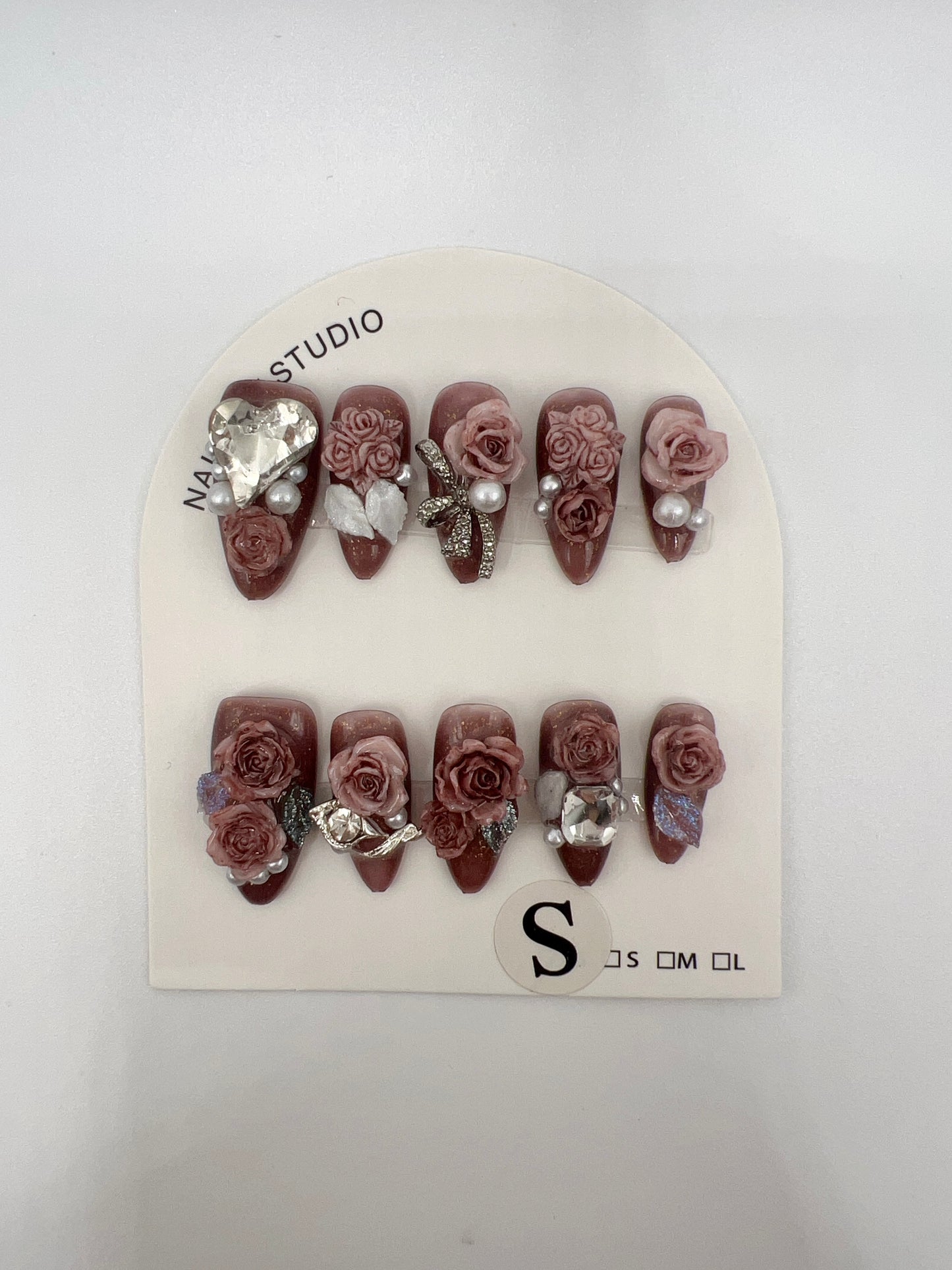 Brown Almond Press On Nails with Rhinestone 2D Flowers Small Size