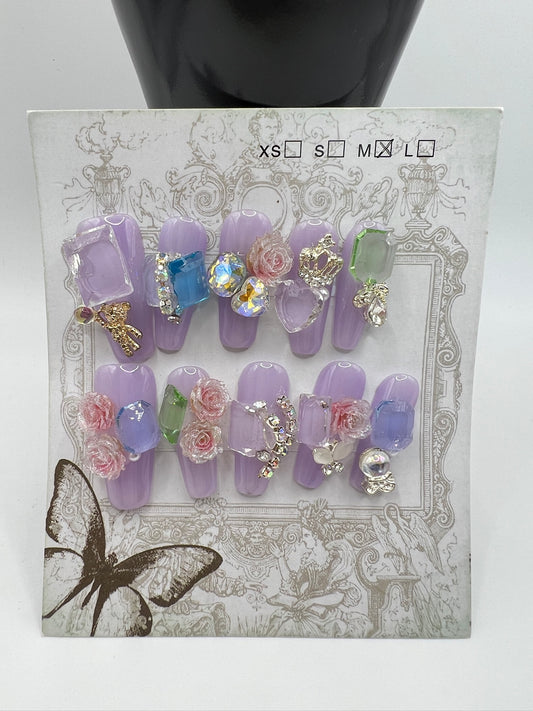 Long Coffin Press On Nails with Heavy Rhinestone & 2D Flower Charms – 10 Designs, Medium Size