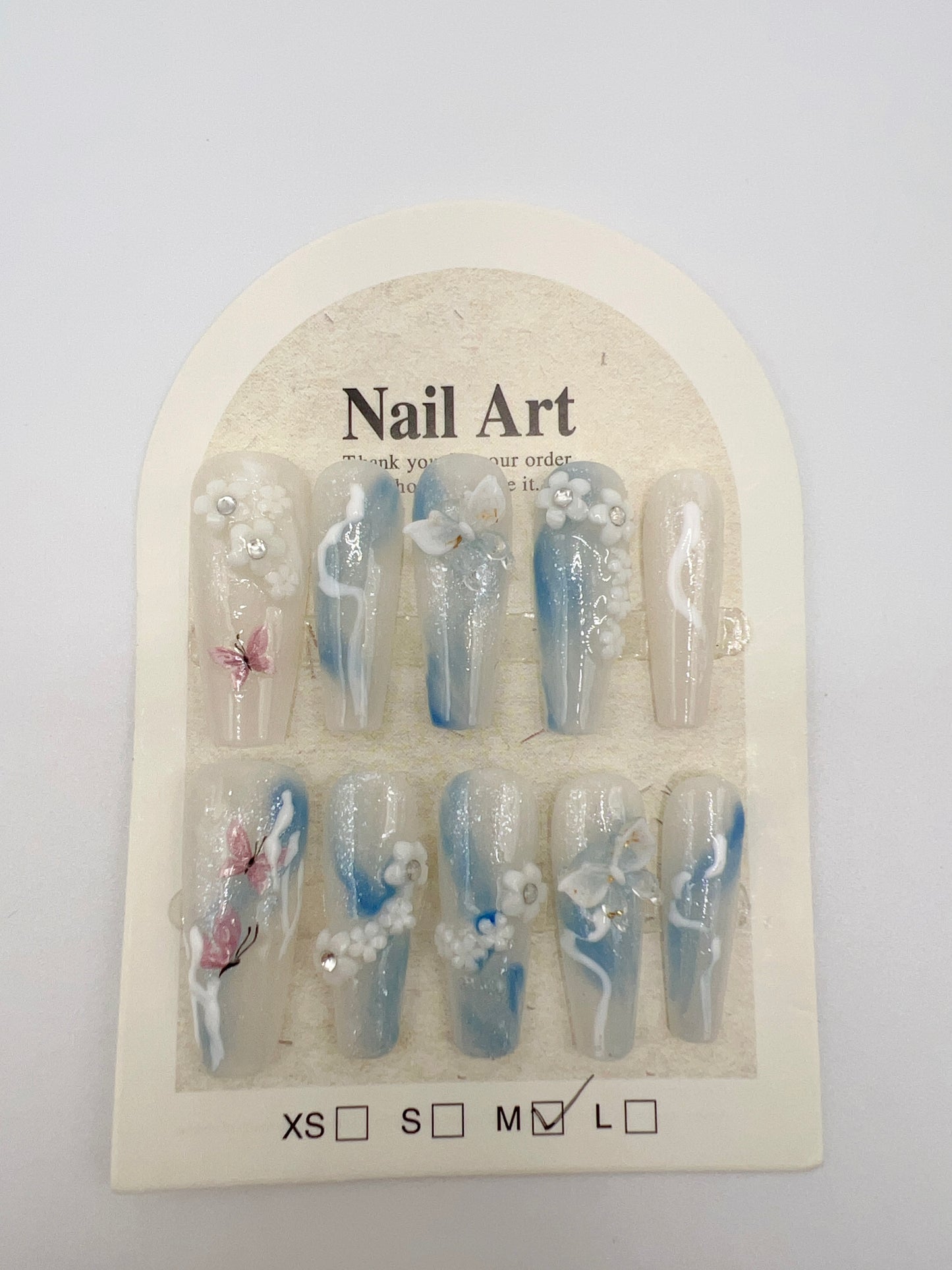Blue Long Coffin Press On Nails with Flower & Butterfly Charms