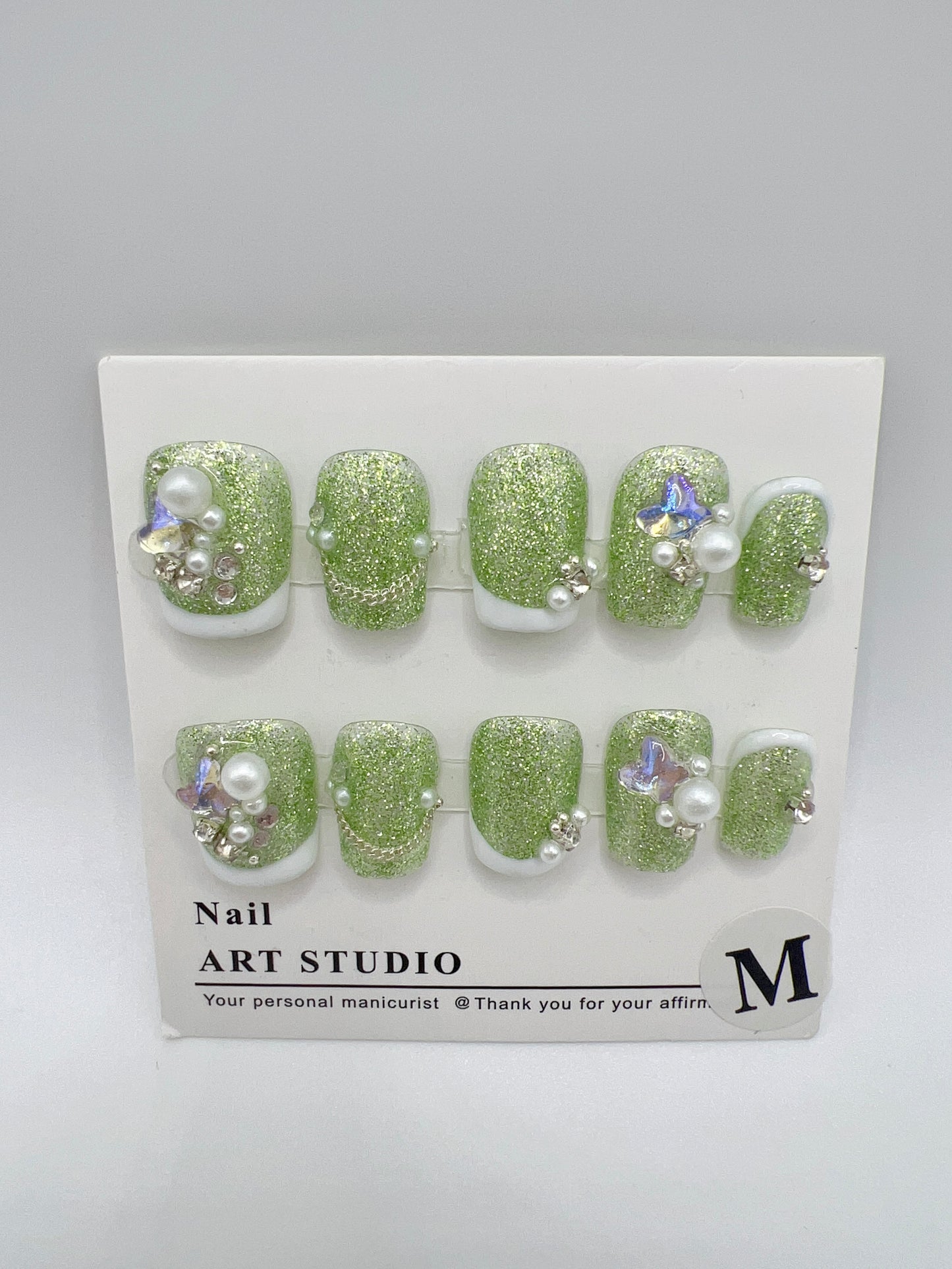 Green Glitter Short Square Press On Nails with Rhinestone – Medium Size