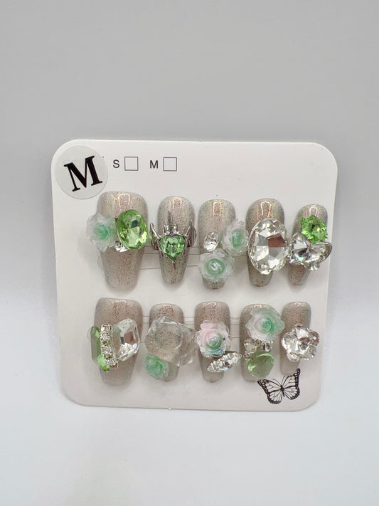 Glitter Medium Coffin Press On Nails with Rhinestone and 2D Flower Charms