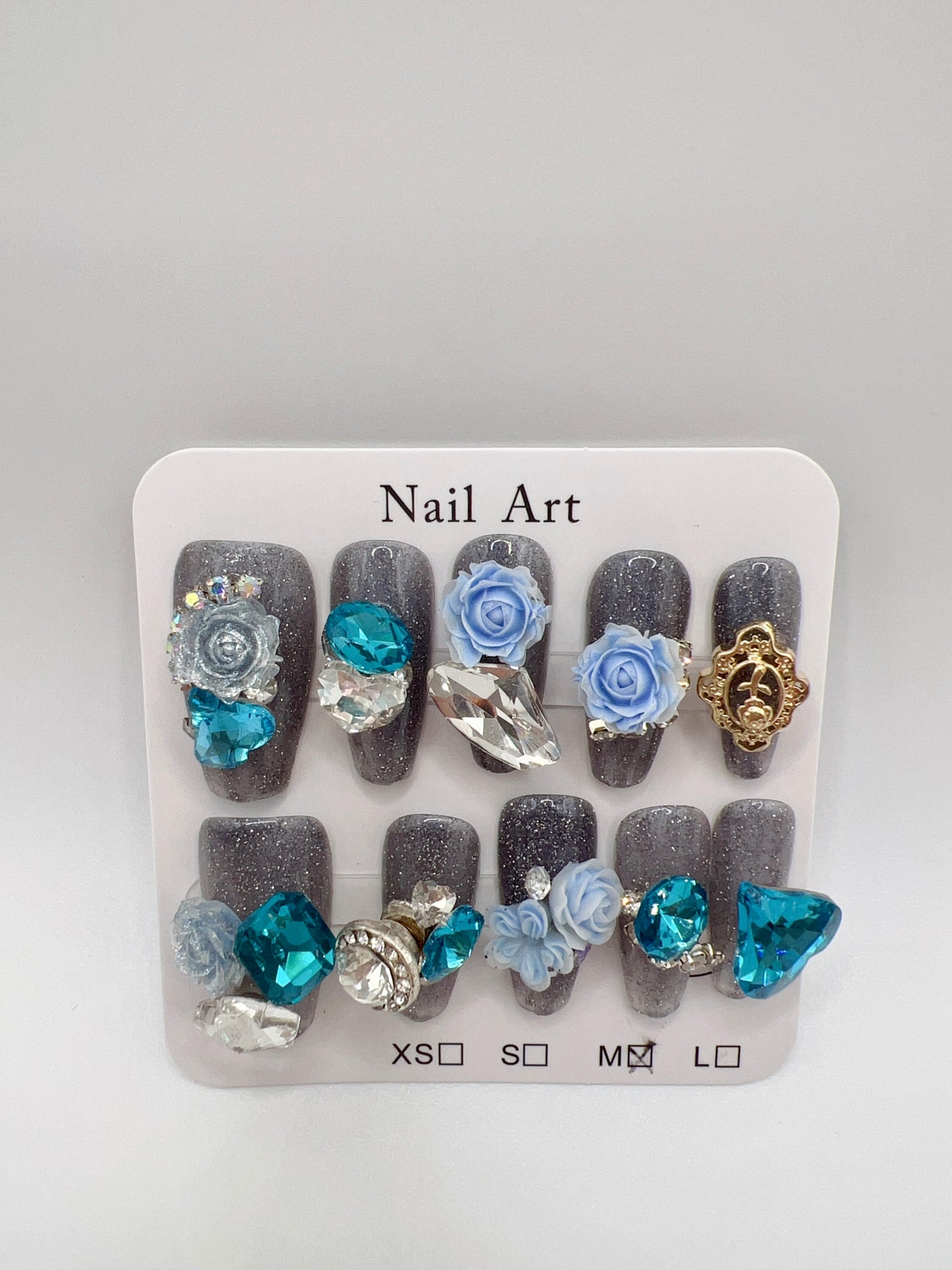 Glitter Medium Coffin Press On Nails with Rhinestone and 2D Flower Charms