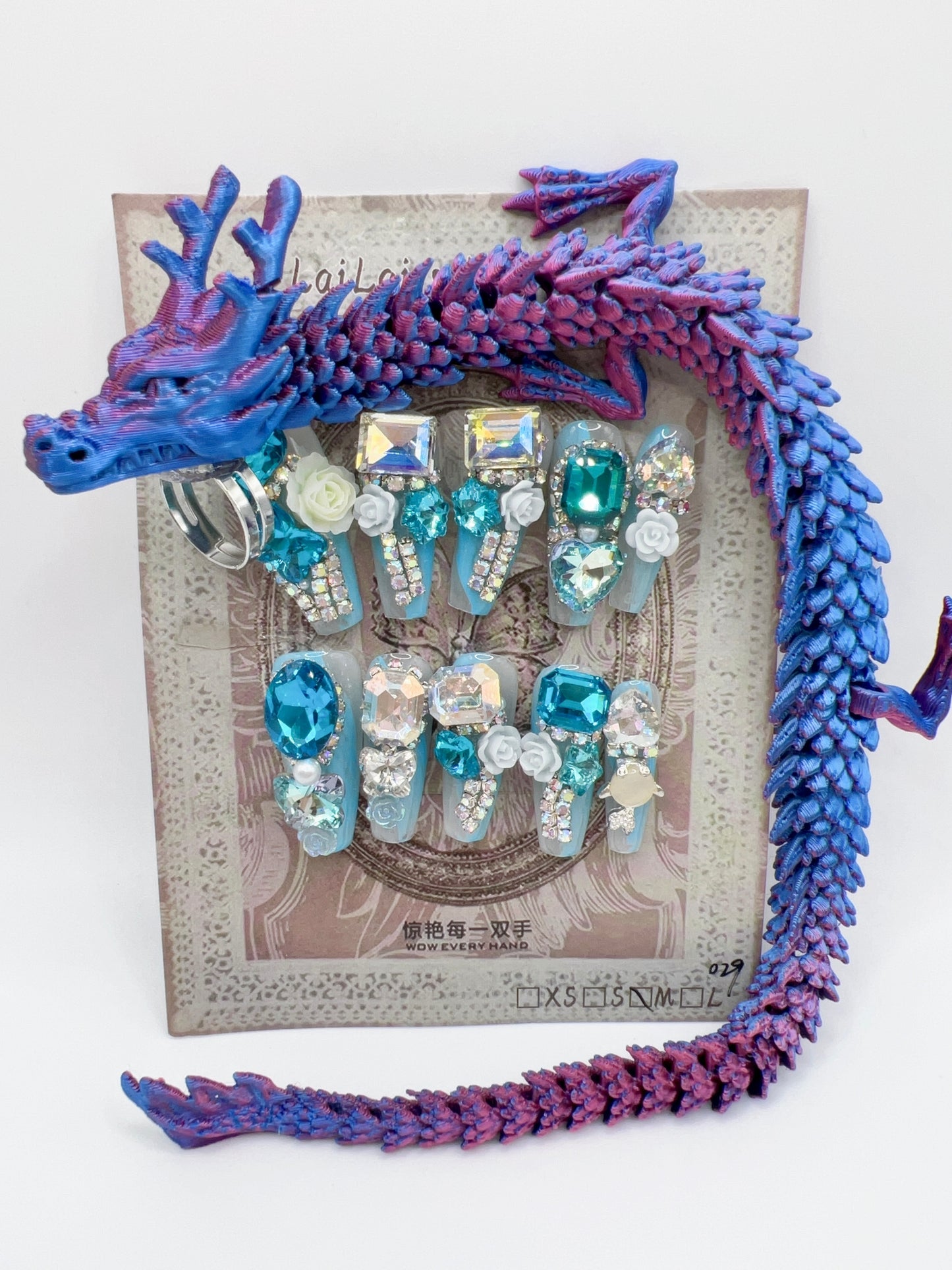 Luxury Rhinestone Press-On Nails with 3D Flower Charms & Dragon Rings – Long Coffin, Medium Size, Reusable