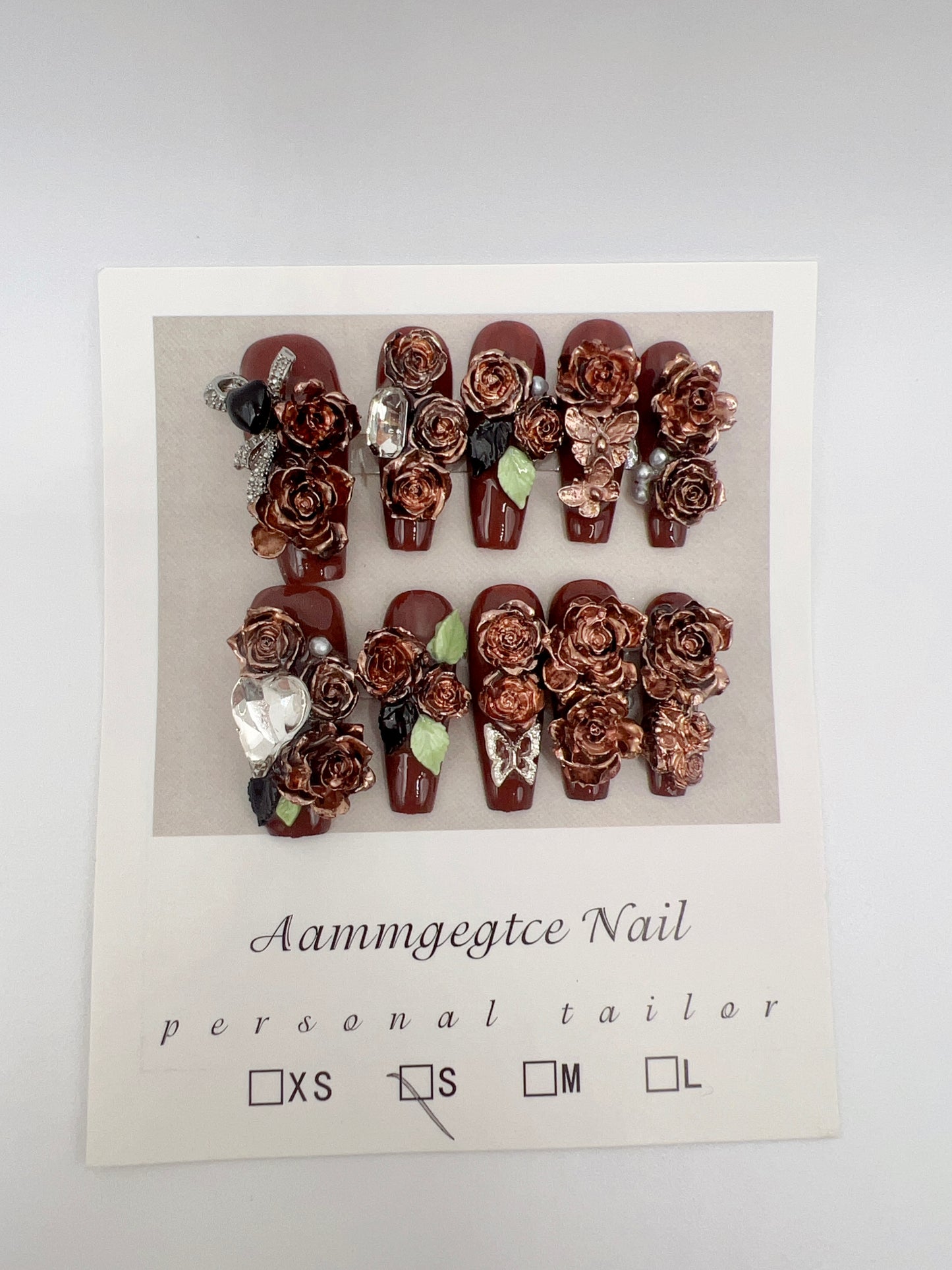 Long Coffin Brown Press-On Nails with Luxury Flower Charms – Small Size