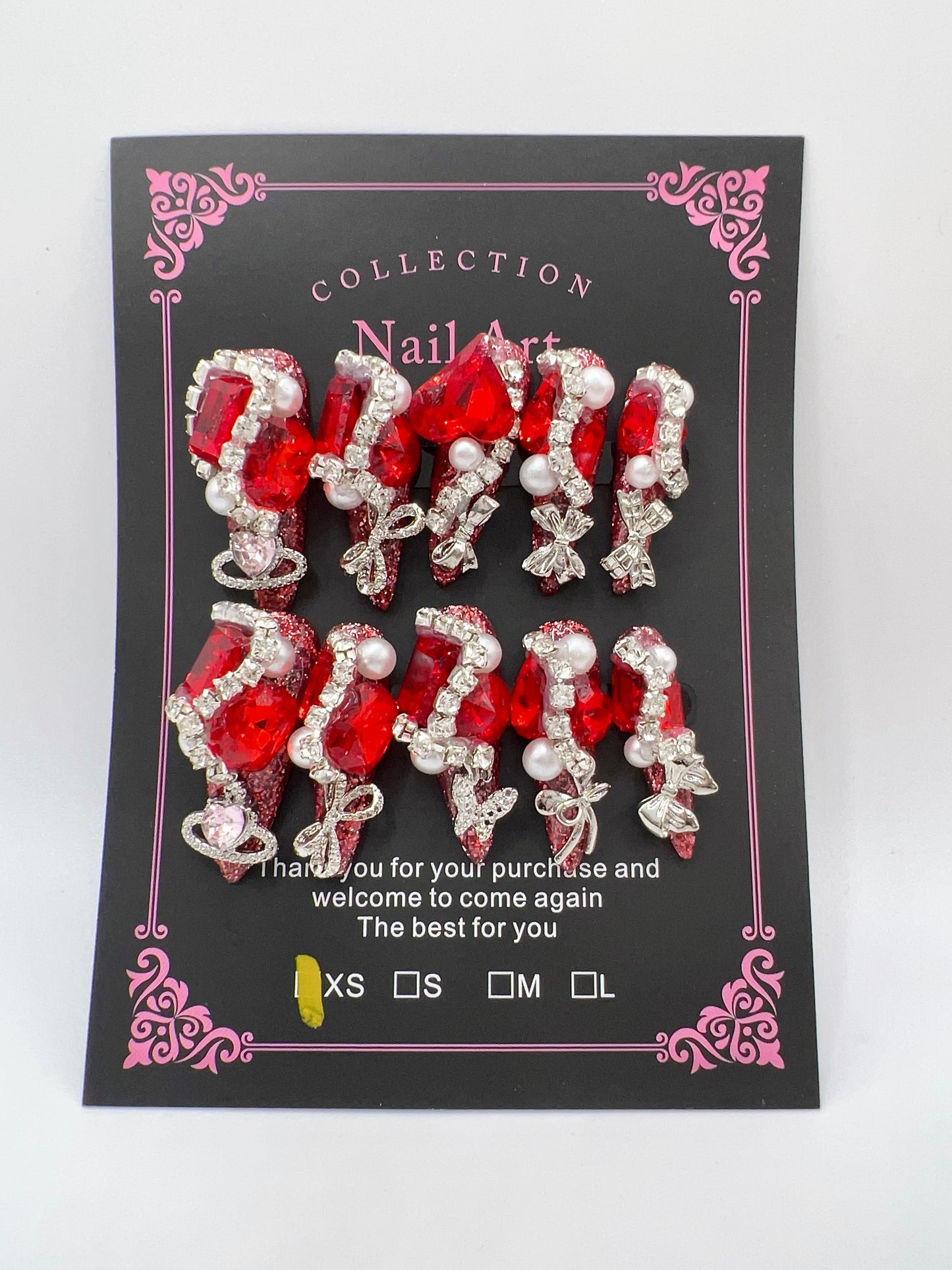 Luxury Rhinestone & Charm Press-On Nails – Glitter Stiletto Long Length, XS Size