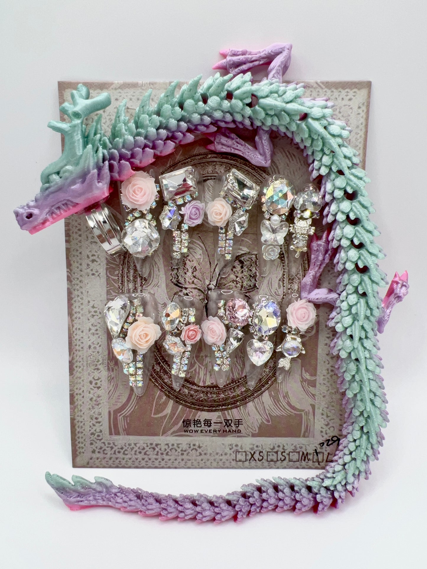 Luxury Rhinestone Press-On Nails with 3D Flower Charms & Dragon Rings – Long Stiletto, Large Size, Reusable
