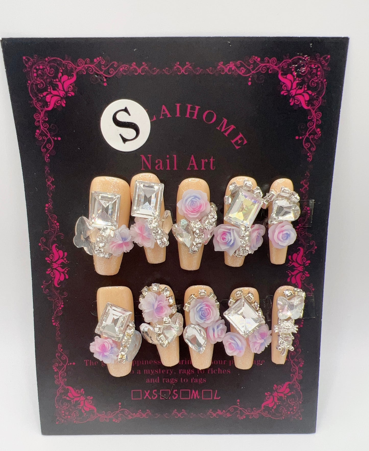 Long Coffin Press On Nails with Rhinestone and 2D Flowers – Small Size