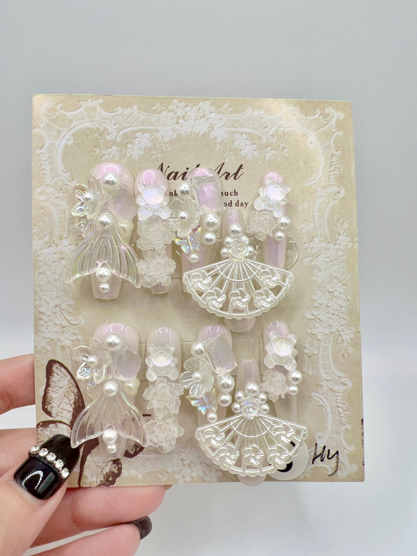 White Extra-Long Coffin Press-On Nails with Multiple Charms – Small Size