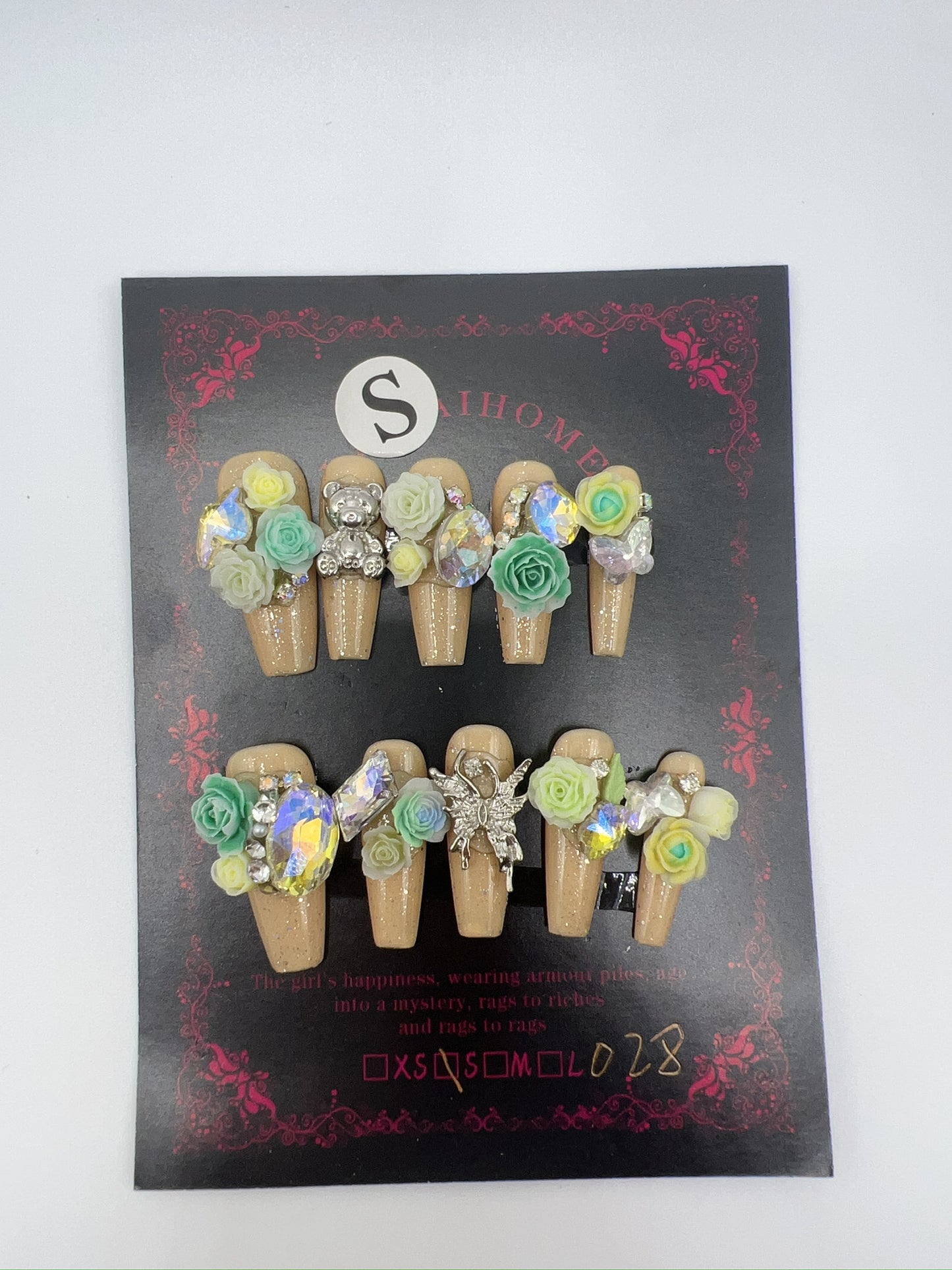 Long Coffin Press On Nails with Rhinestone and 2D Flowers – Small Size