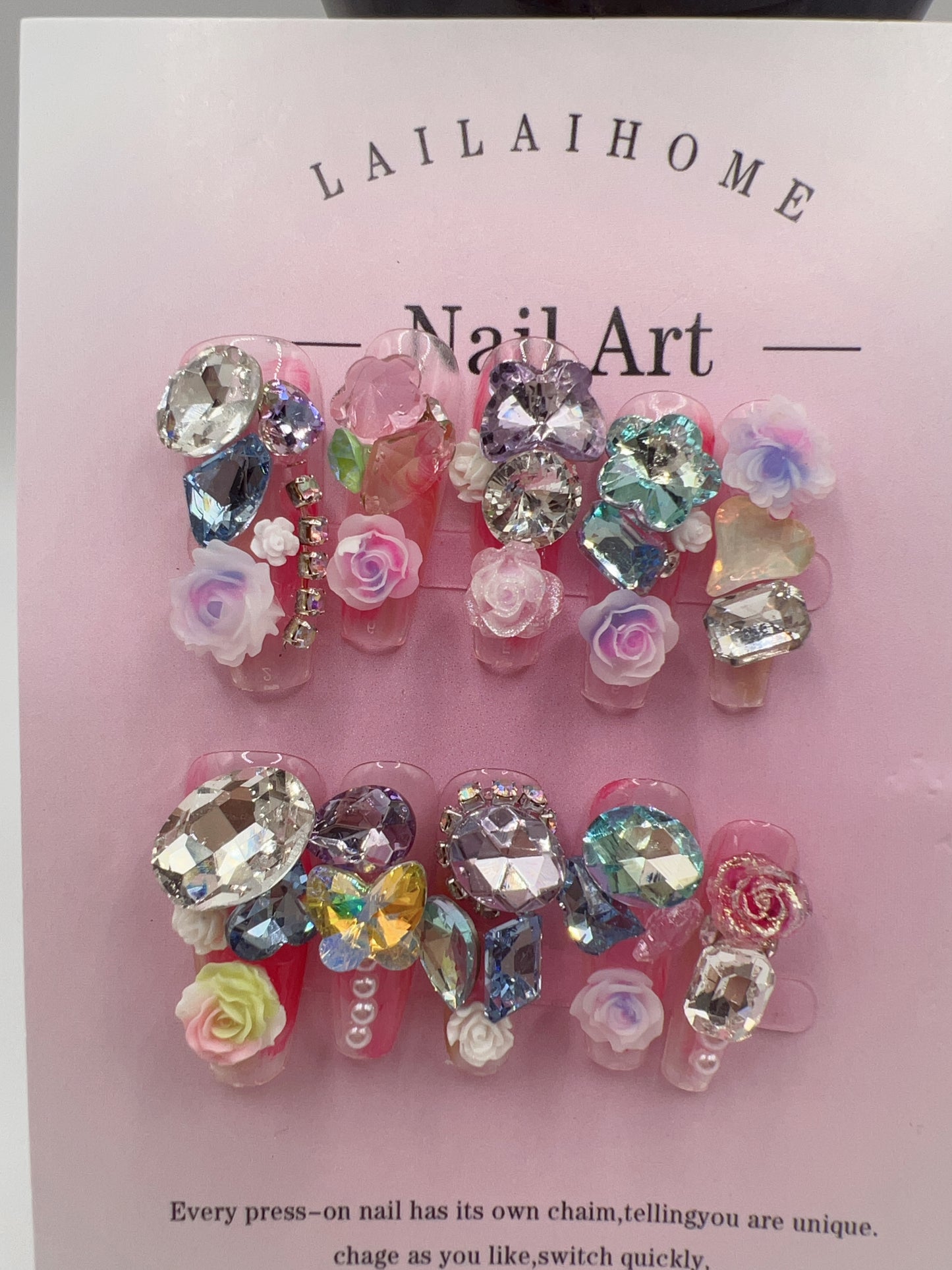 Long Coffin Press-On Nails with Heavy Rhinestones & 2D Flower Charms – 10 Designs, Small Size