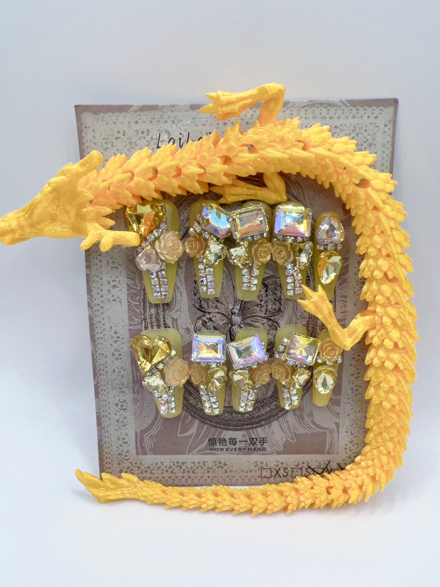 Luxury Rhinestone Press-On Nails with 3D Flower Charms & Dragon Rings – Long Coffin, Medium Size, Reusable