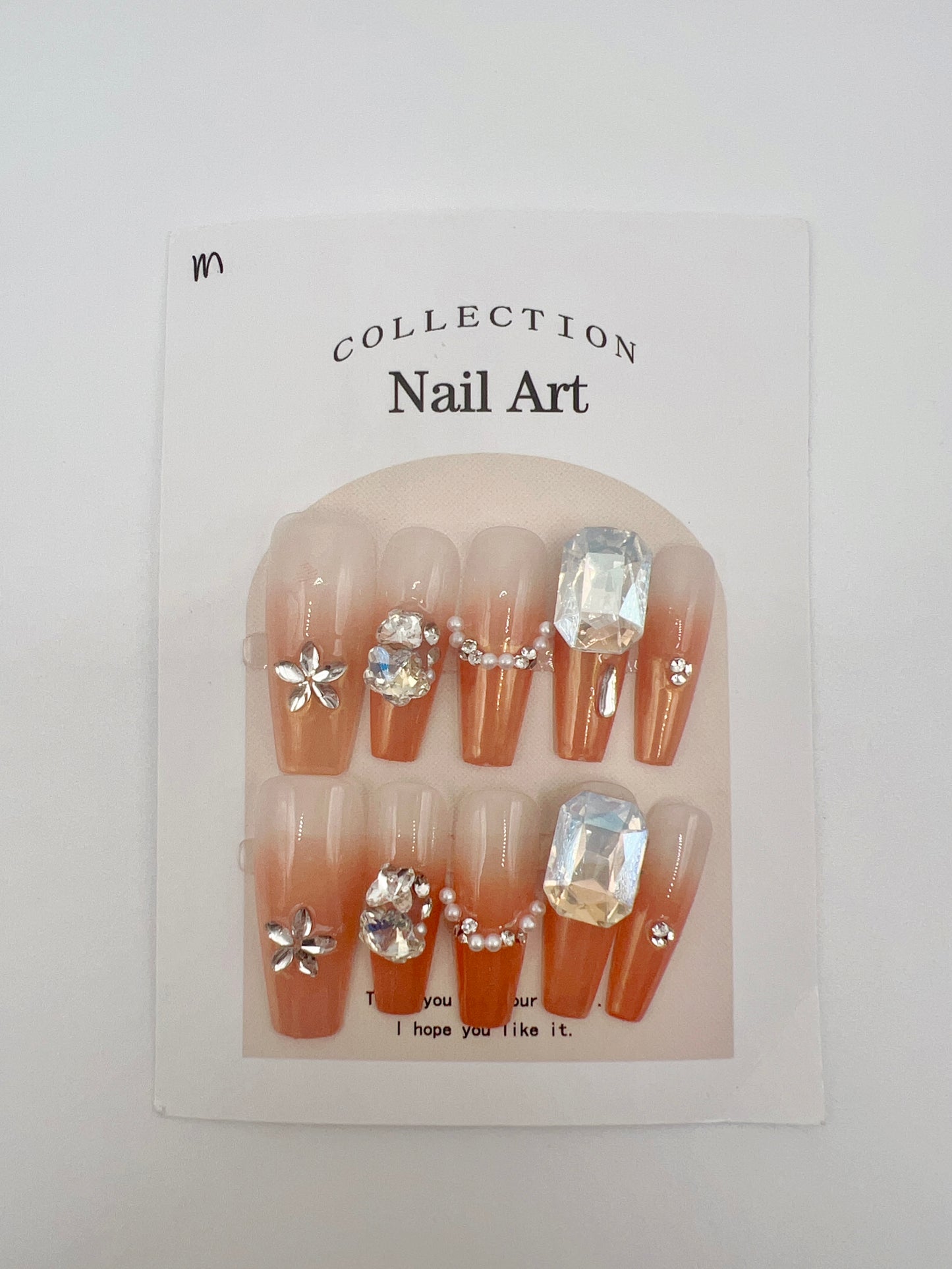 Long Coffin Orange Gradient Press On Nails with Rhinestone and Pearl