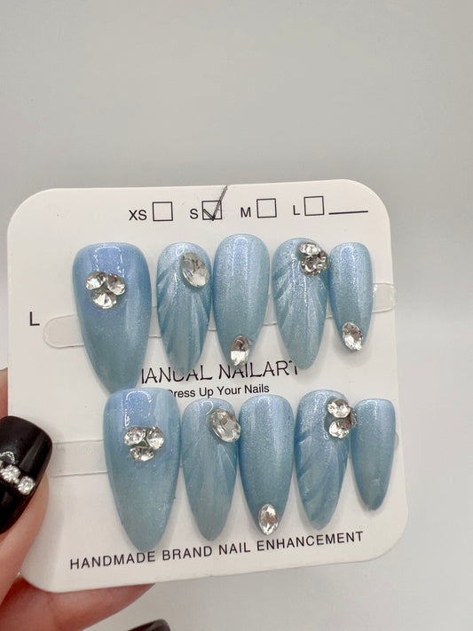 Blue Almond Press-On Nails with Rhinestone Shimmer – Small Size
