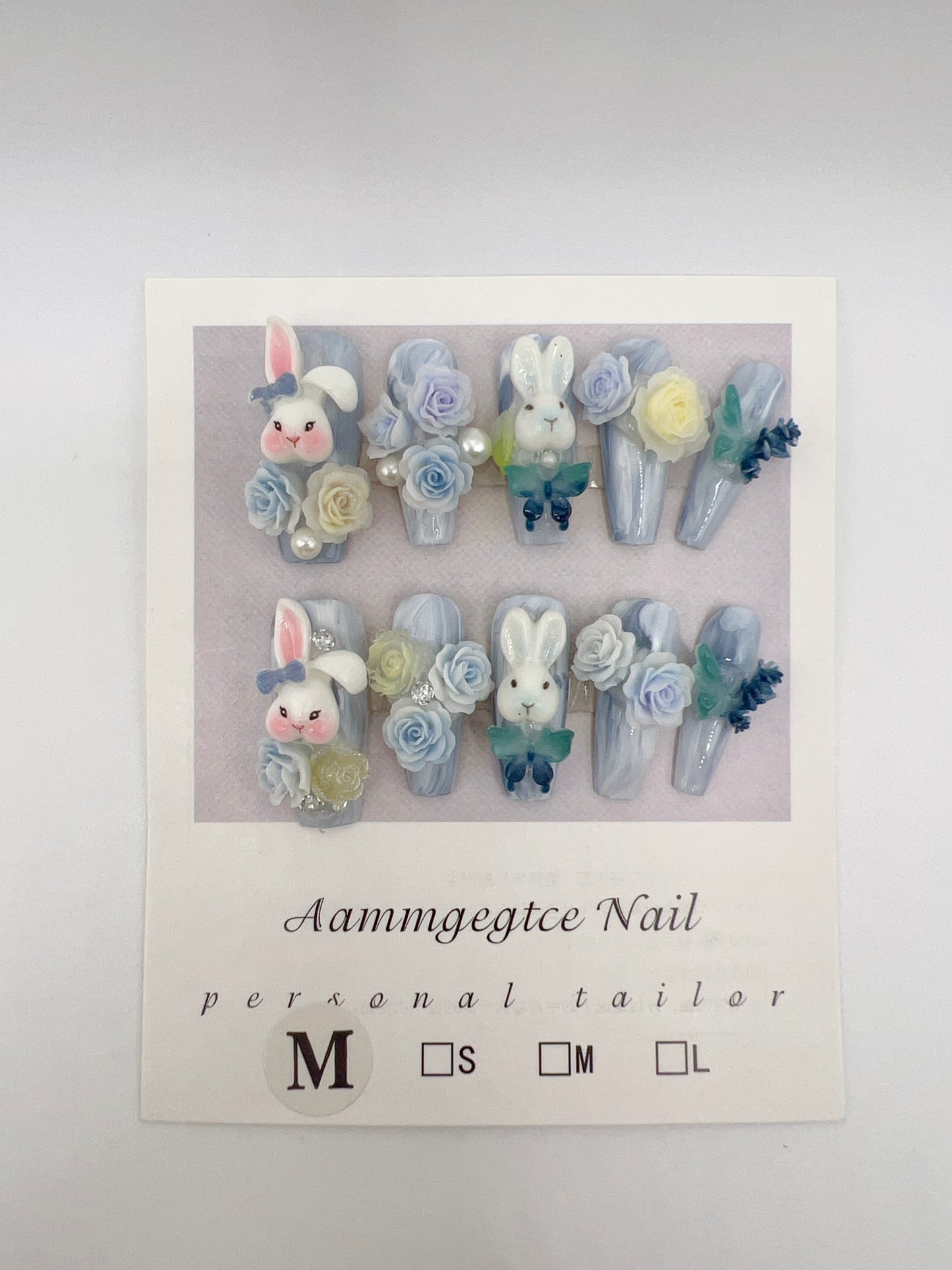 Luxury Long Coffin Press On Nails with Bunny & 2D Flower Charms