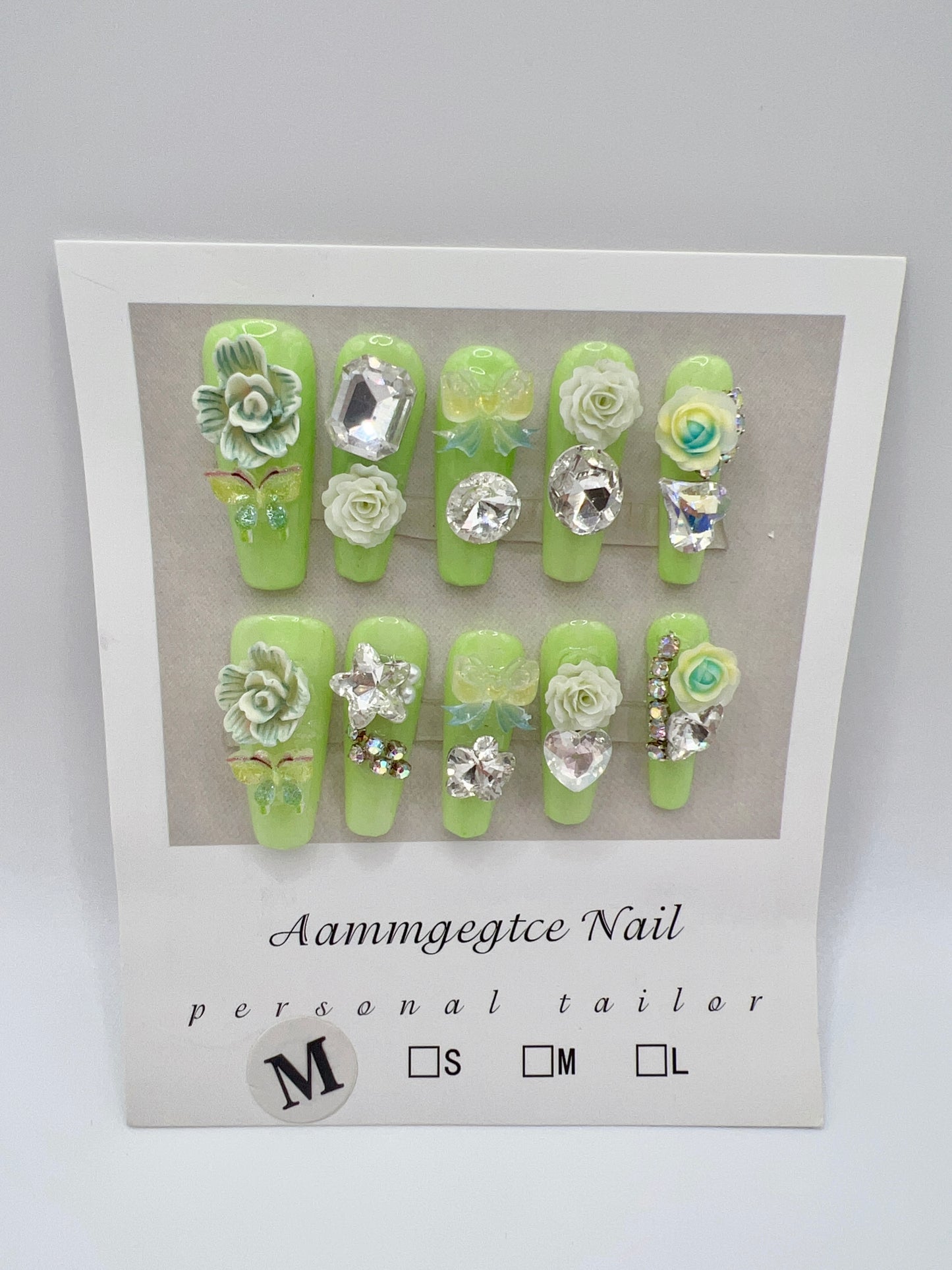 Long Coffin Press-On Nails with Rhinestone & Charms – 10 Designs, Medium Size