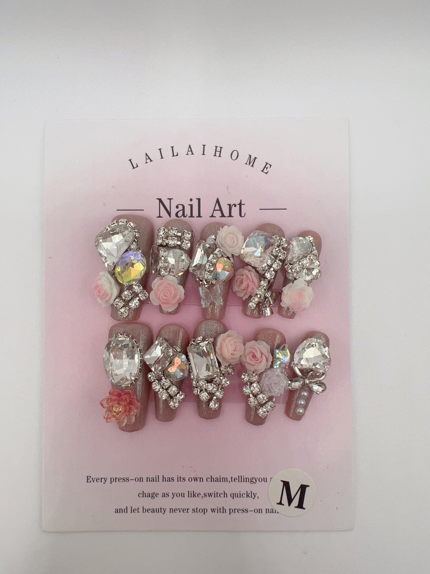 Long Coffin Press-On Nails with Rhinestone and 2D Flowers – Medium Size