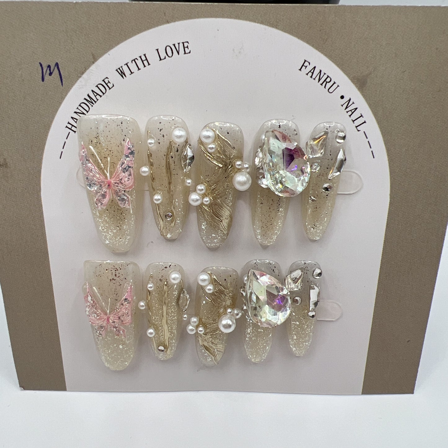 Long Oval Press On Nails with Rhinestone Charms – Glam Fake Nails, Medium Size, 10 Designs