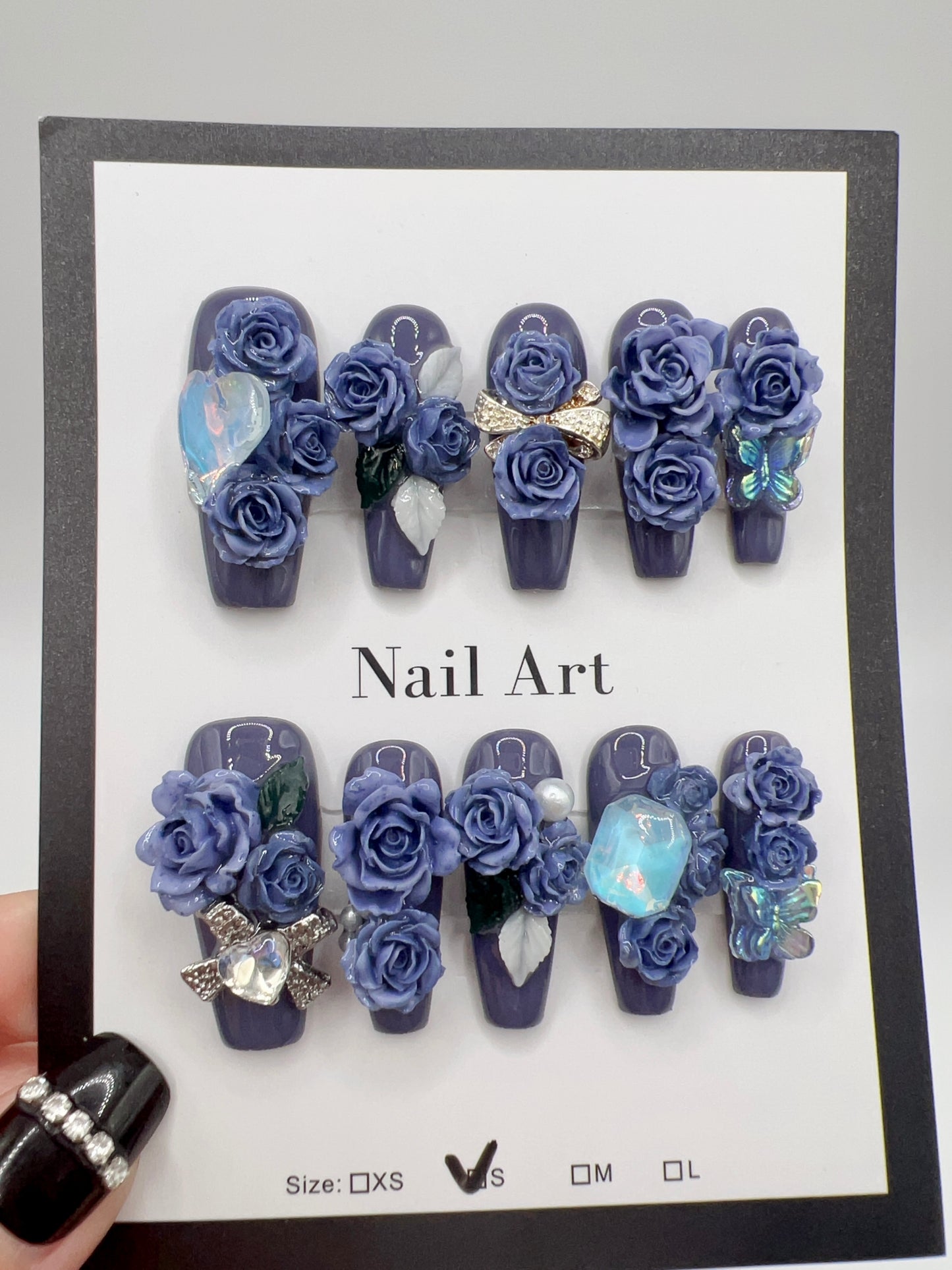 Long Coffin Press-On Nails with Luxury Flower Charms – Small Size