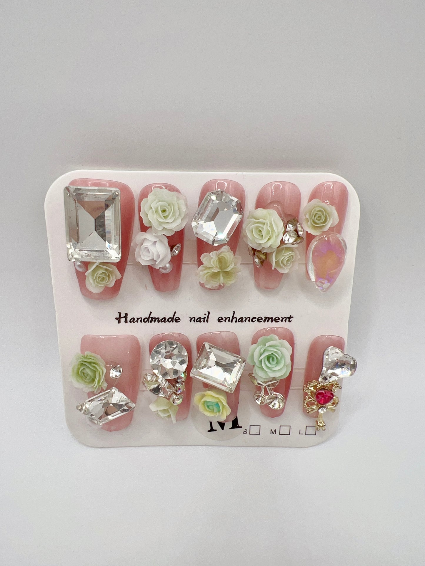 Glitter Medium Coffin Press On Nails with Rhinestone and 2D Flower Charms