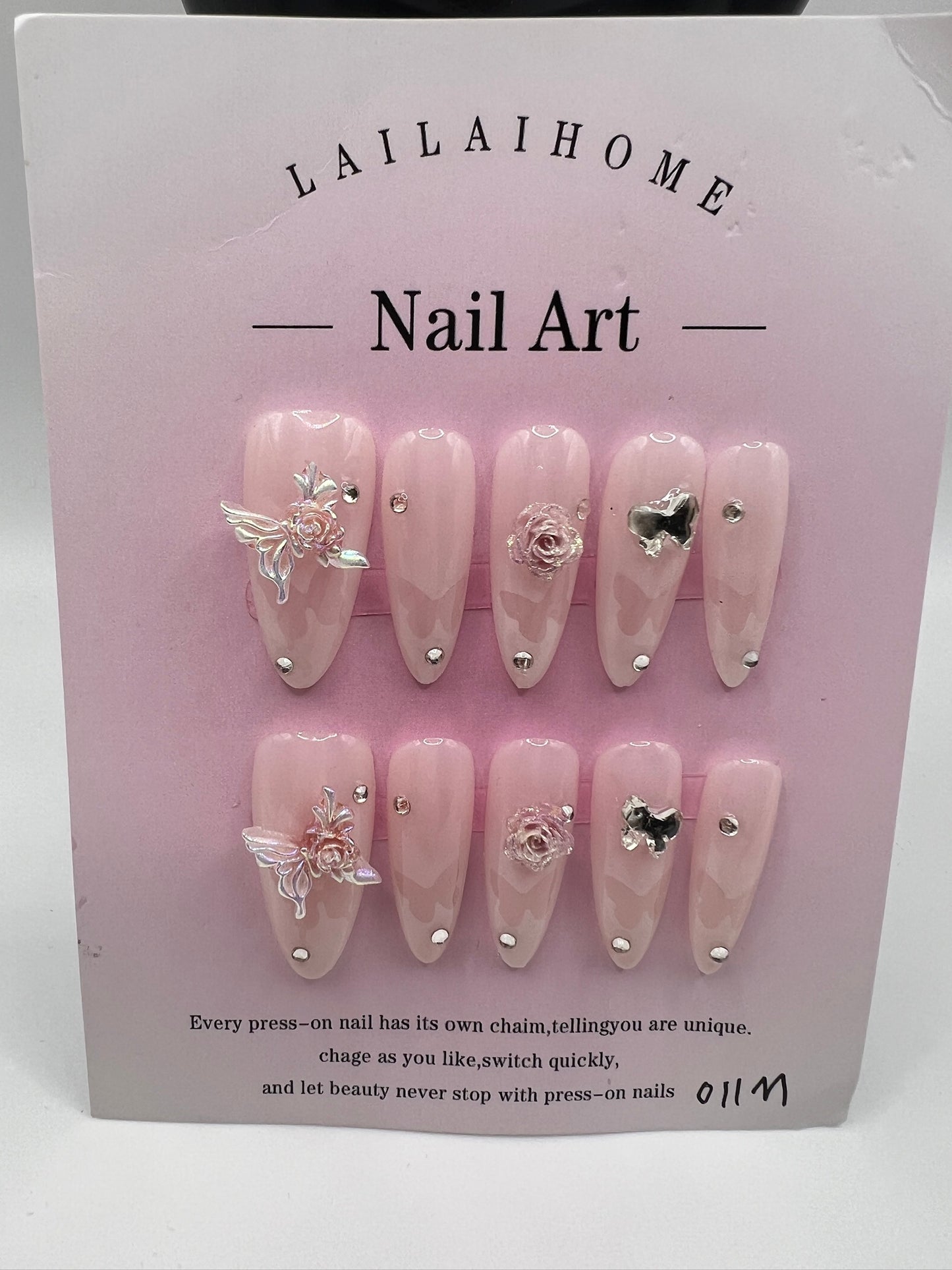 Long Oval Press On Nails with Rhinestone Charms – Glam Fake Nails, Medium Size, 10 Designs