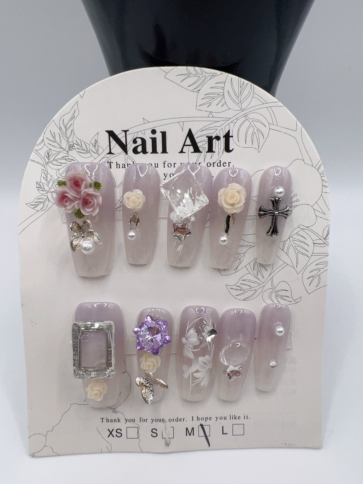 Long Coffin Press On Nails with Rhinestone Charms – 10 Designs, Medium Size