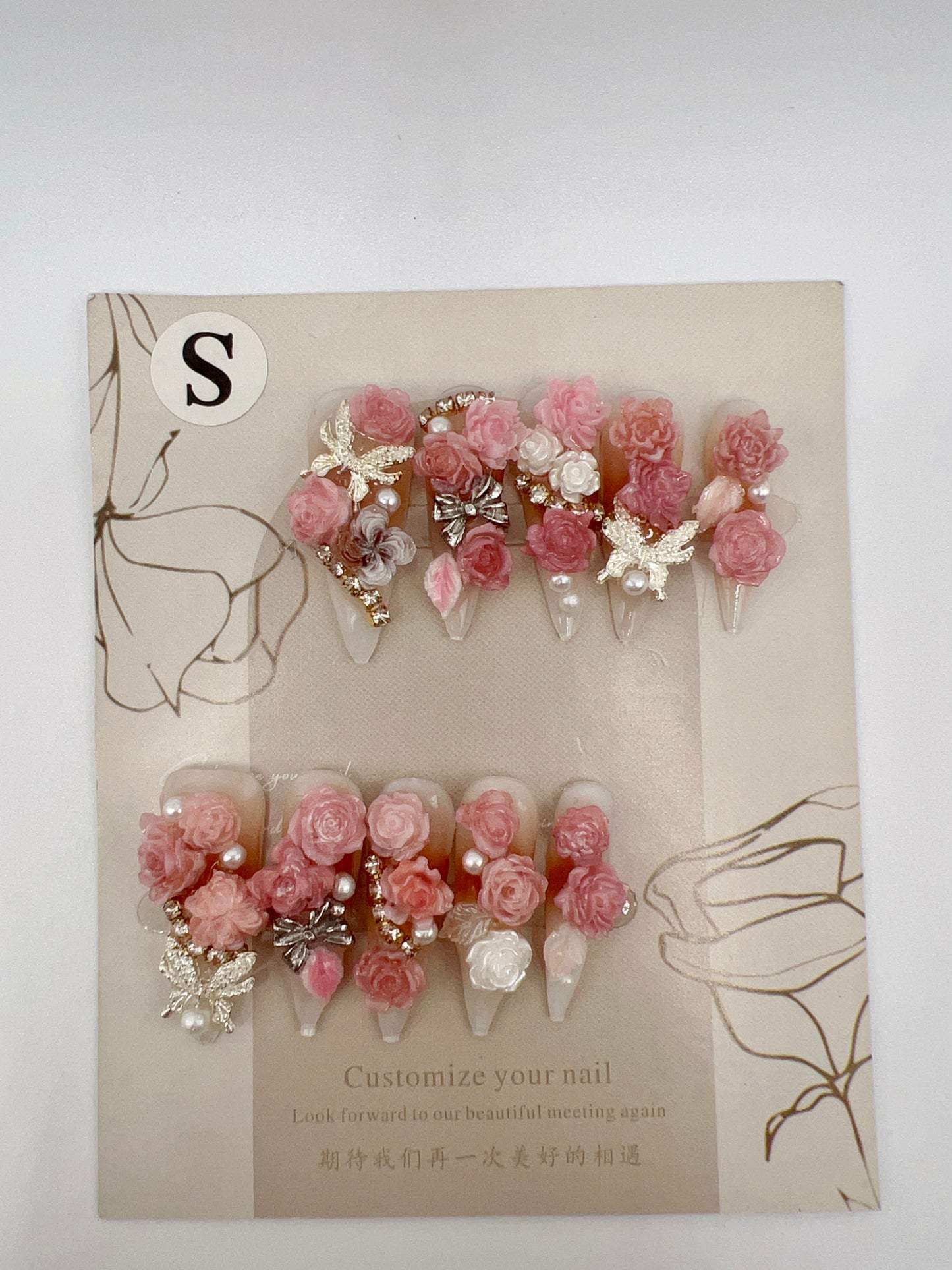 Luxury Long Stiletto Press-On Nails with Heavy Rhinestones & 2D Flower Charms – Small Size