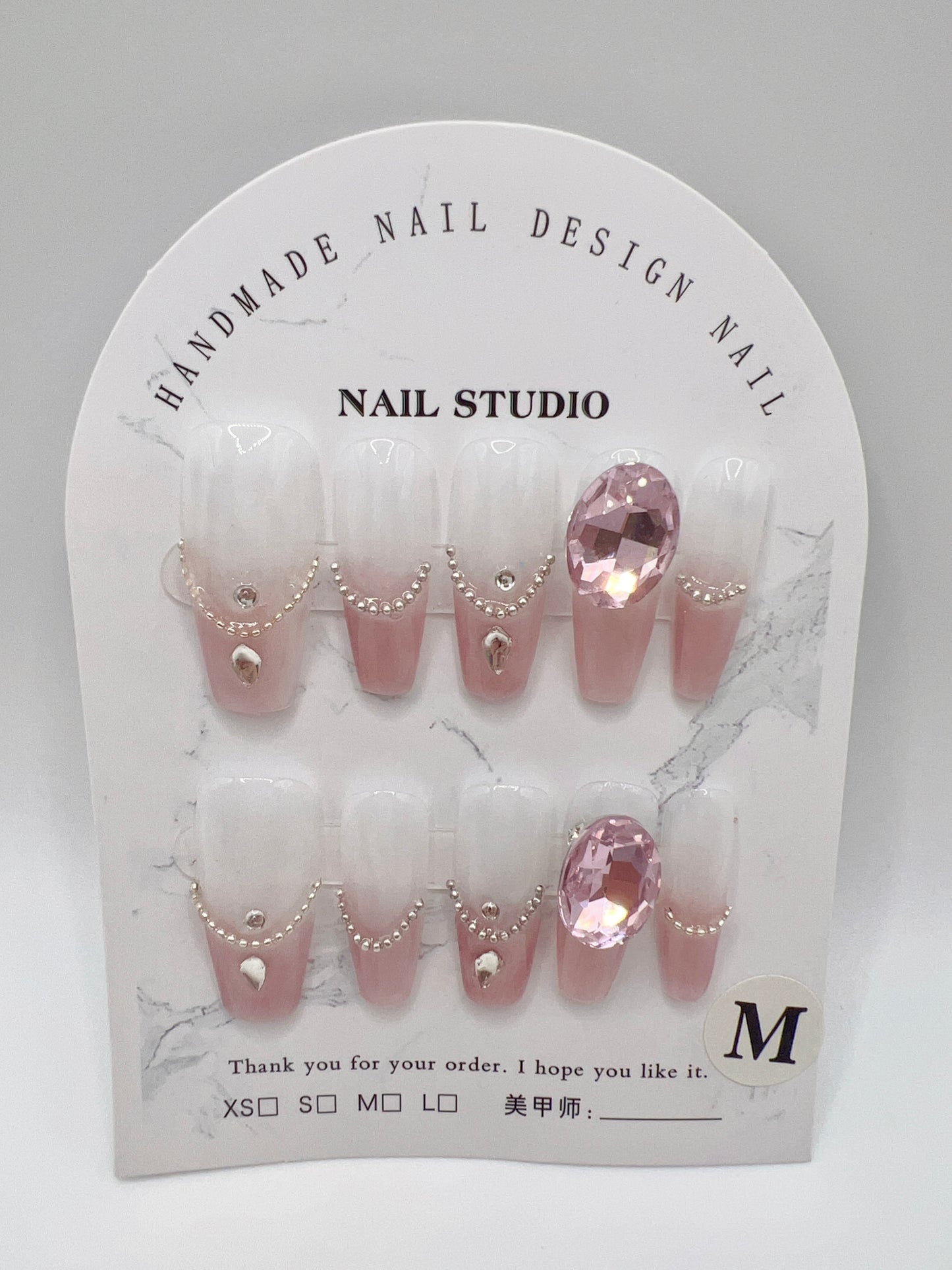 Long Coffin French Tip Press On Nails with Rhinestone – Medium Size