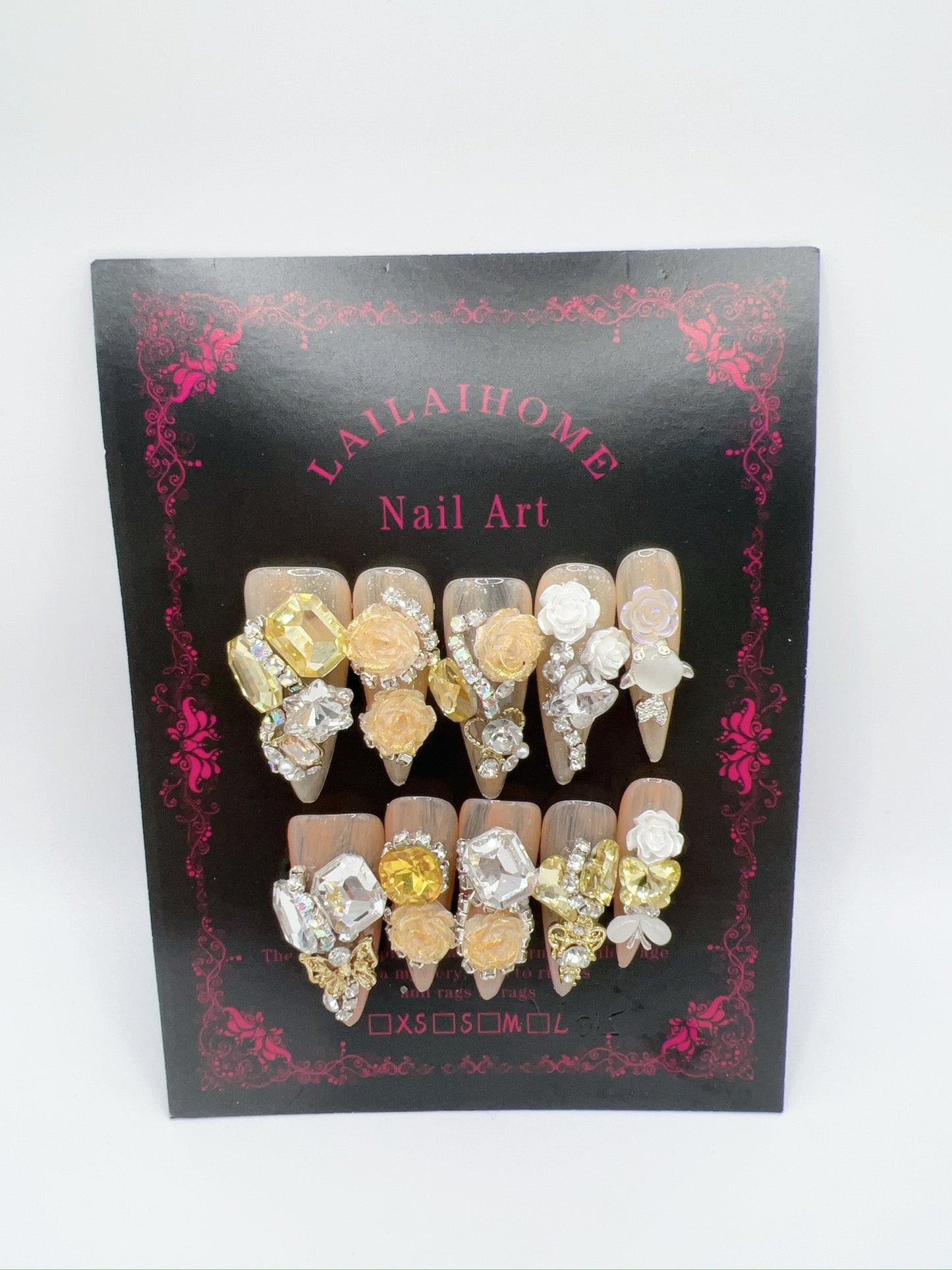 Luxury Rhinestone Press-On Nails with 3D Flower Charms – Long Stiletto