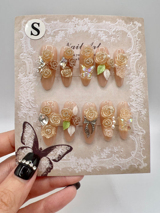 Long Oval Press On Nails with Rhinestone & 2D Flowers – Small Size