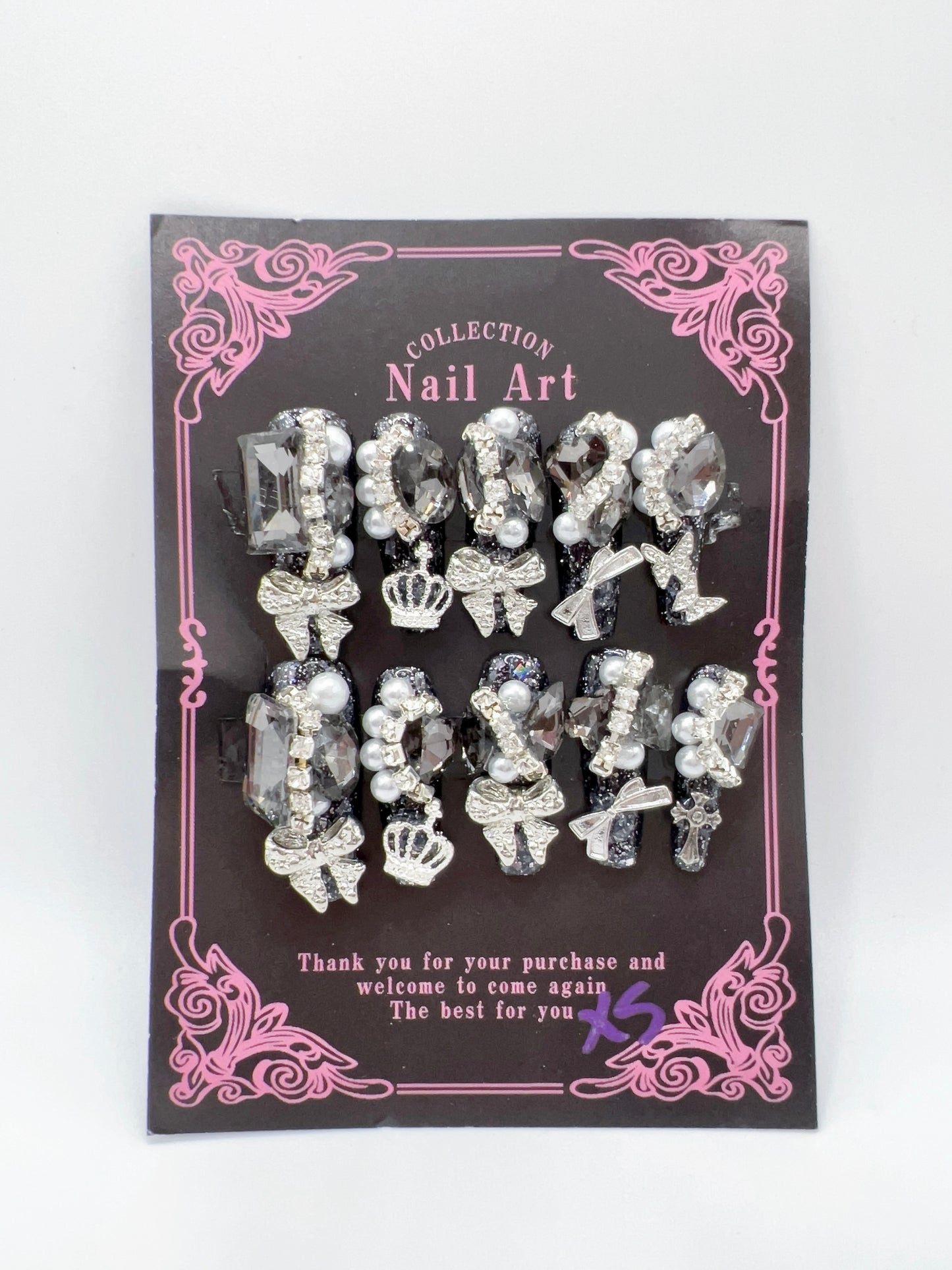 Luxury Rhinestone & Charm Press-On Nails – Glitter Coffin Long Length, XS Size
